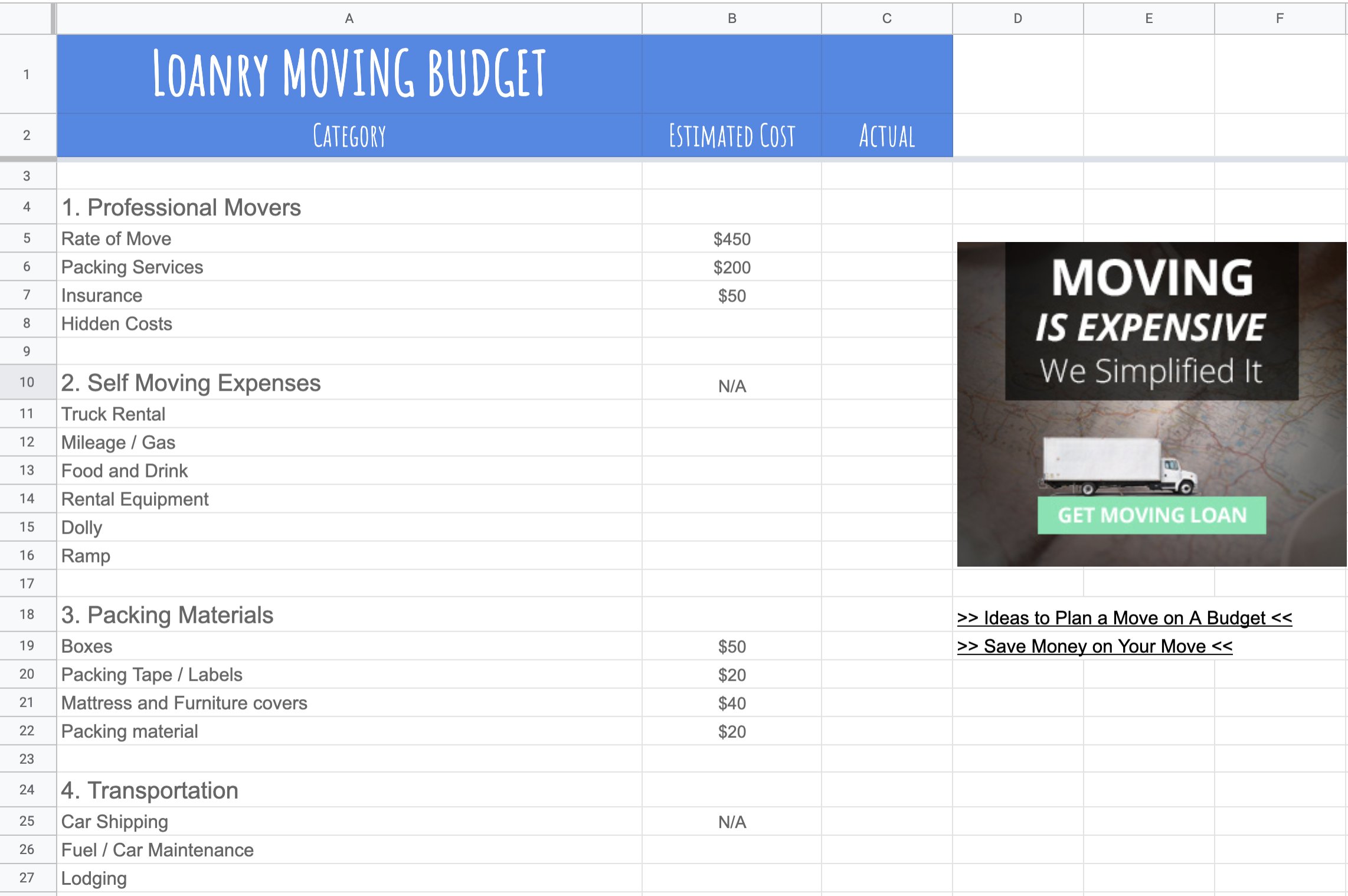 Loanry Moving Budget Free Template Loanry