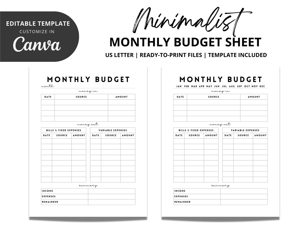 Minimalist Monthly Budget Sheet US Letter Editable TEMPLATE Printable Digital Instant Download Etsy Minimalist Monthly Budget Sheet US Letter Editable TEMPLATE Printable Digital Instant Download Etsy