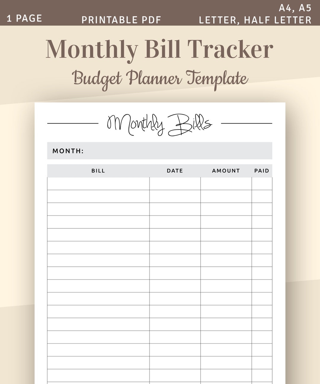 Monthly Bill Tracker Bill Planner Bill Payment Tracker Printable Monthly Budget Planner A4 A5 Letter Half Letter PDF Template Etsy