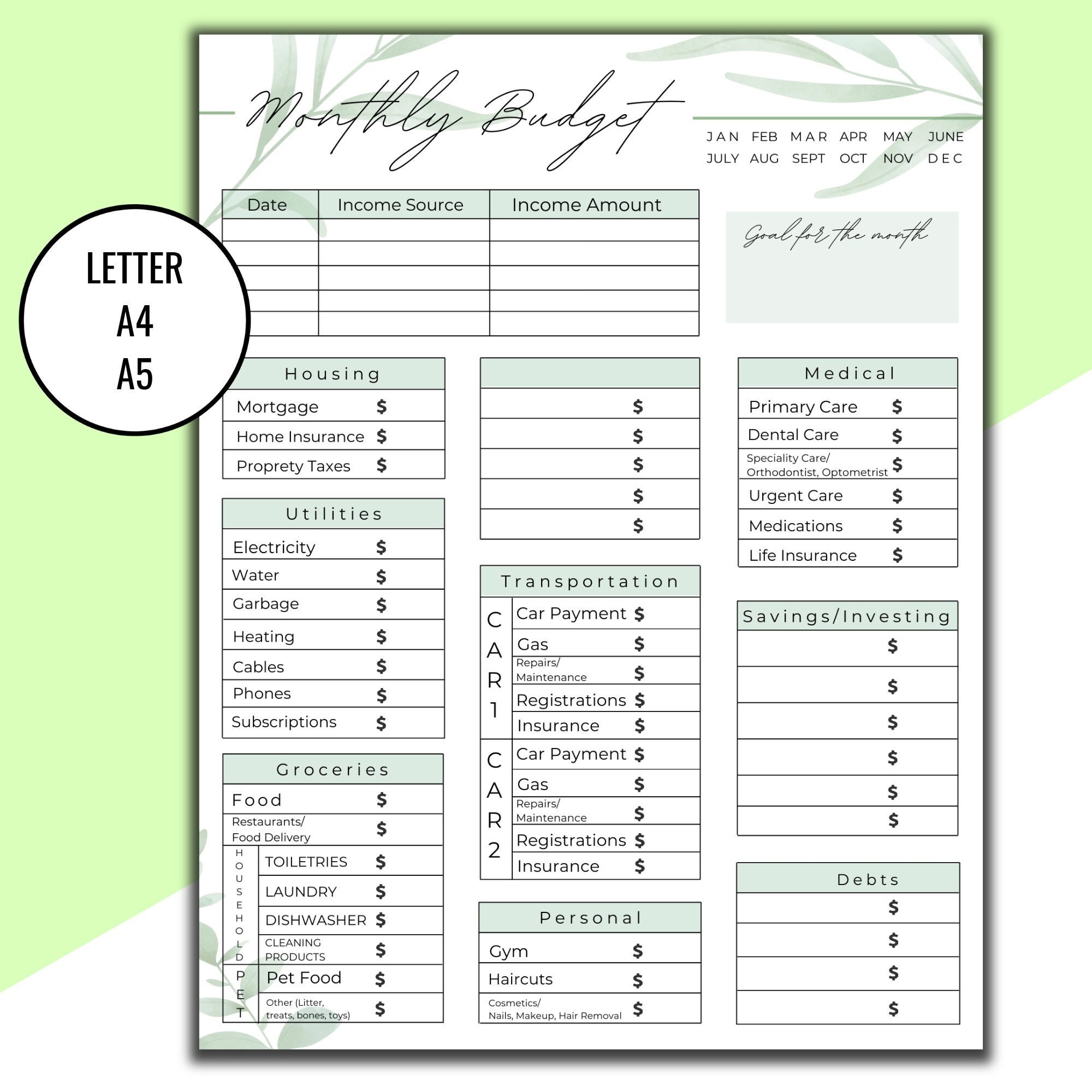 Monthly Budget For Homeowners Printable Greenery Undated Budget Monthly Budget For Homeowners Printable Greenery Undated Budget