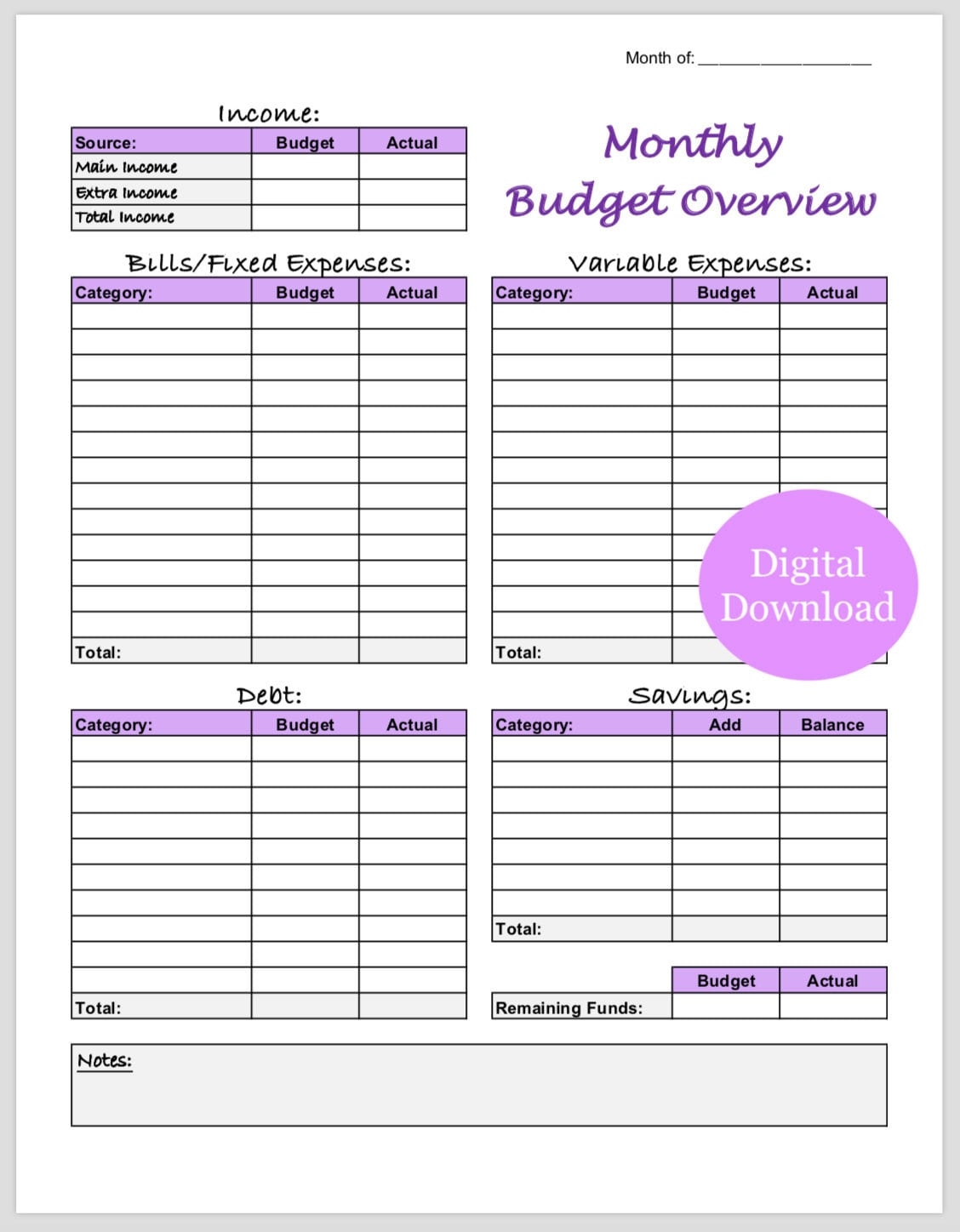 Monthly Budget Overview Template Printable purple Etsy