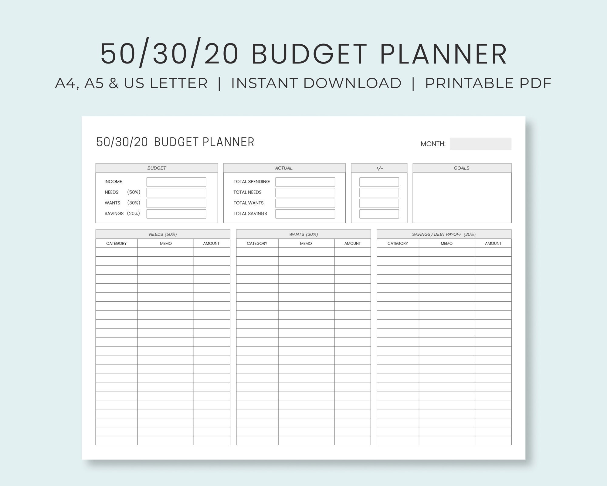 Monthly Budget Planner 50 30 20 Rule Income U0026 Expense Money Management Worksheet Personal Cash Flow Template Instant Download Etsy