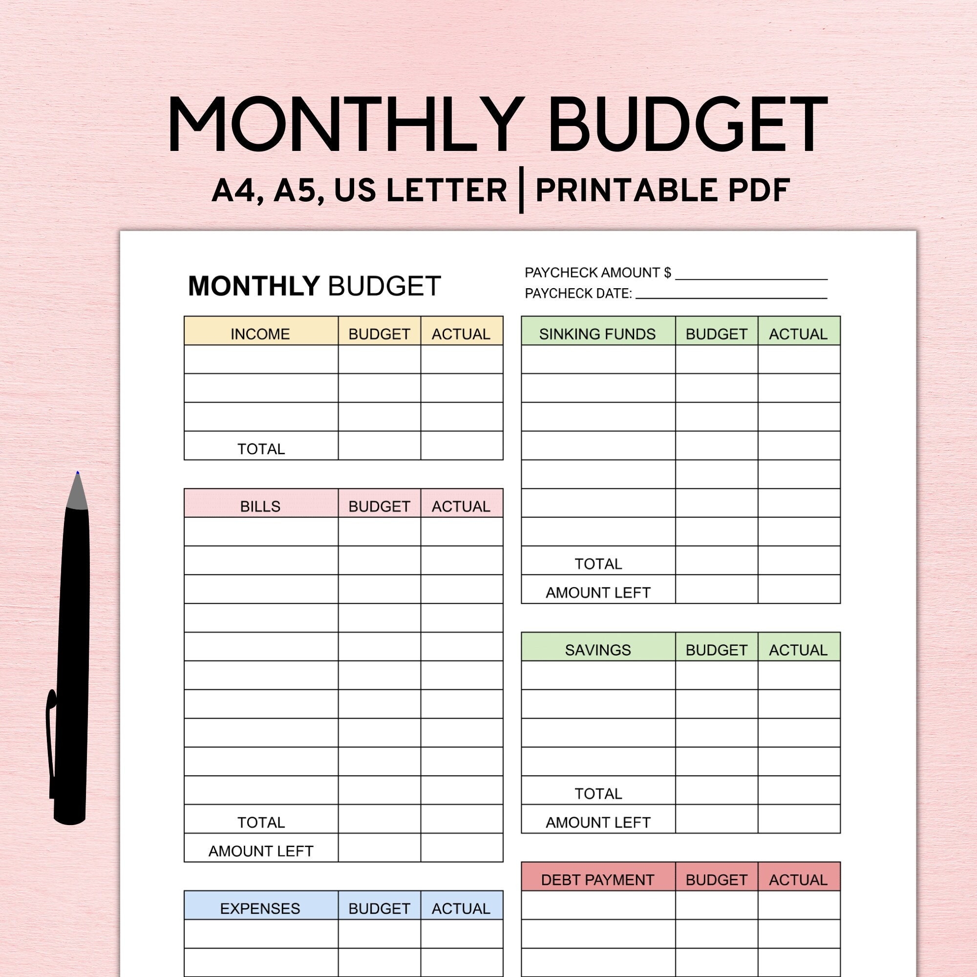 Monthly Budget Planner Printable Monthly Bills Tracker Paycheck Budget Printable Budget Template Financial Planner A4 A5 Letter PDF Etsy