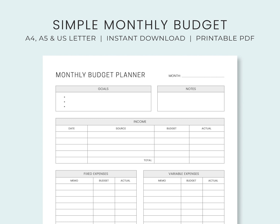 Monthly Budget Planner Printable Simple Budget Worksheet Personal Budget Template Instant Download Etsy