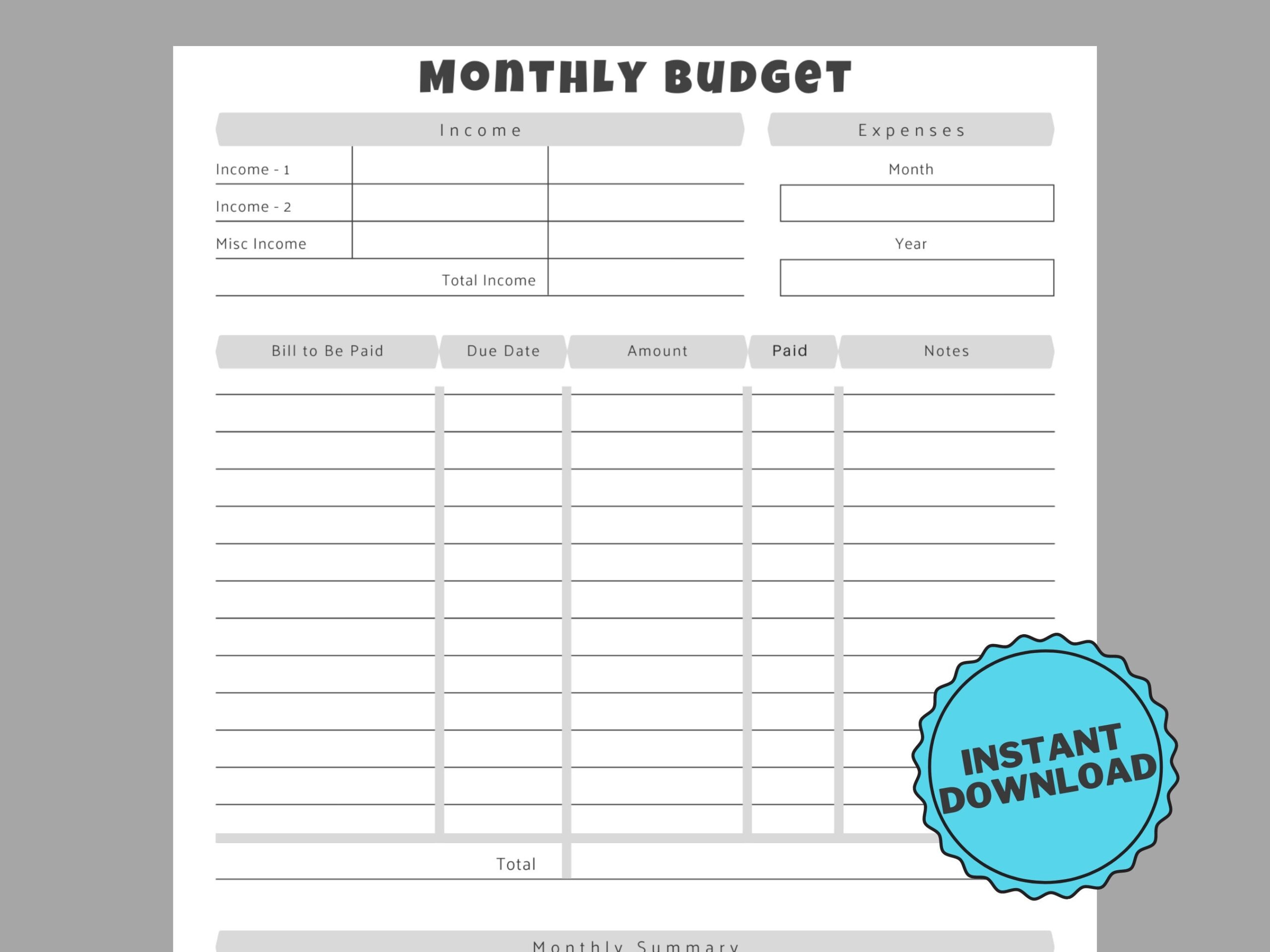 Monthly Budget Sheet Downloadable PDF Budget Template Printable 