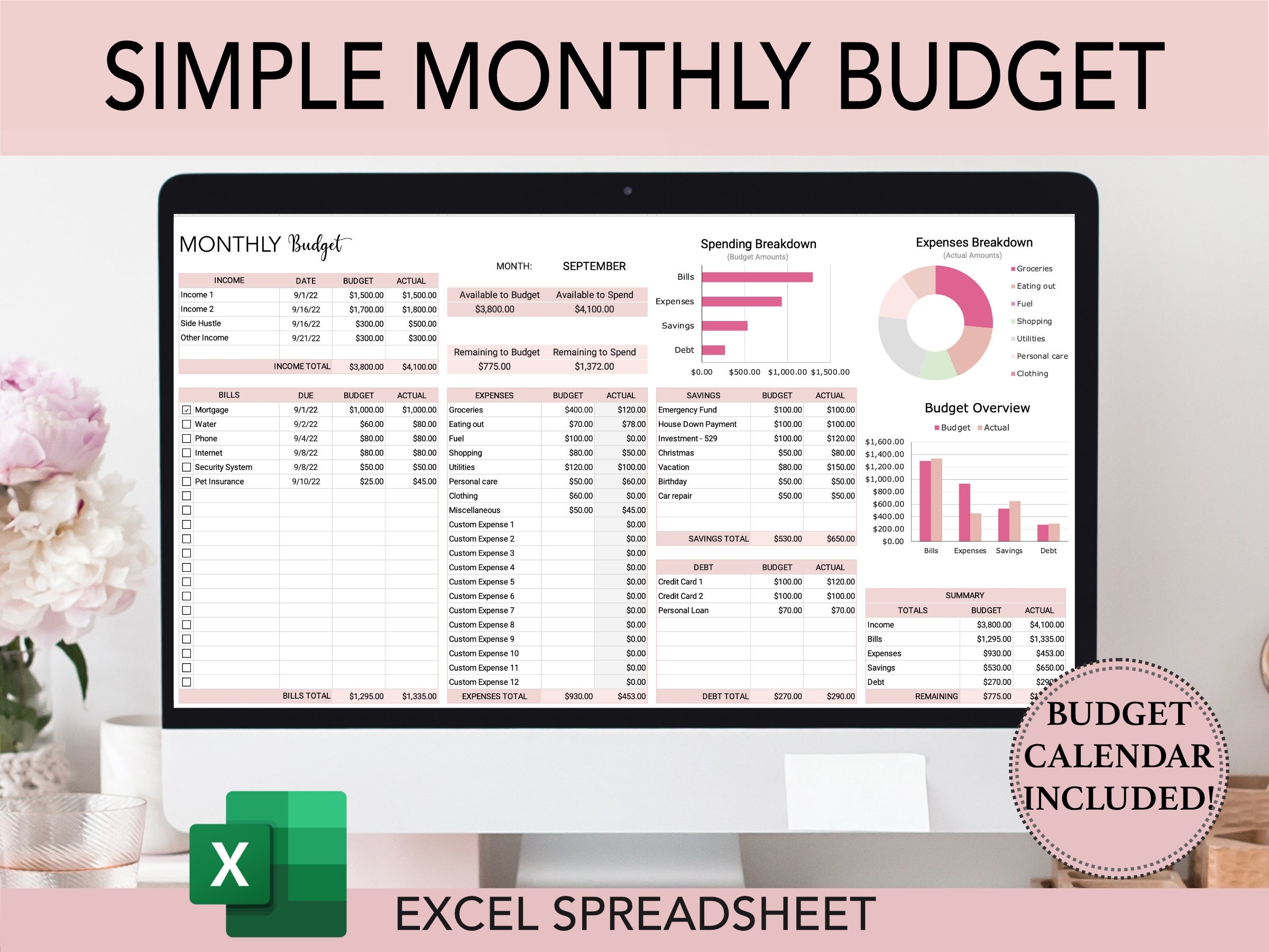 Monthly Budget Spreadsheet Excel Budget Template Excel Budget Spreadsheet Budget Template Personal Budget Etsy