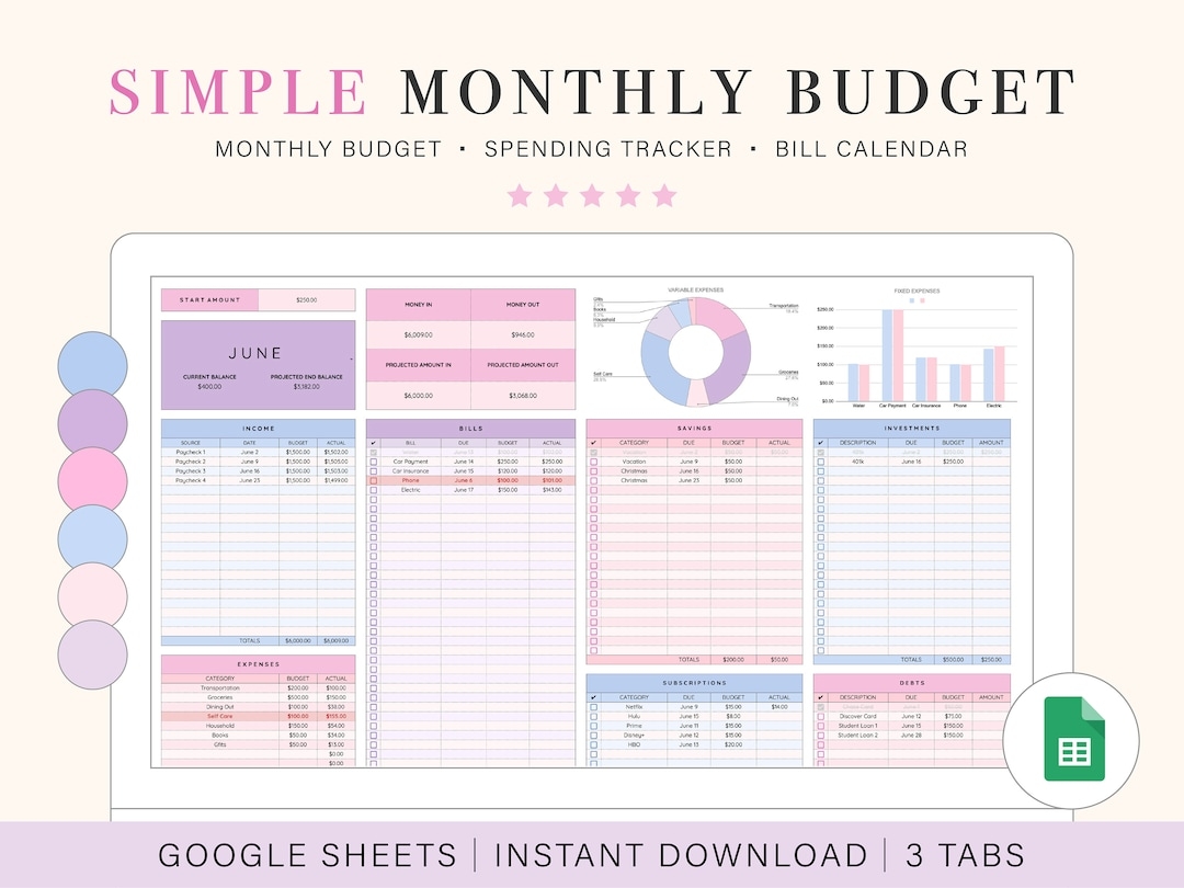 Monthly Budget Spreadsheet Google Sheets Budget Template Monthly Budget Planner Etsy