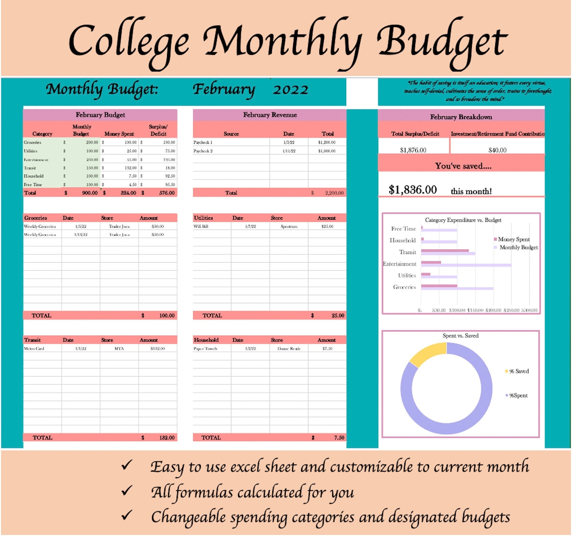 Monthly Budget Template College Edition Savings Tracker 2022 