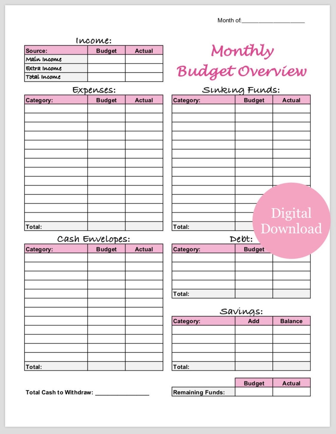 Free Cash Budget Template