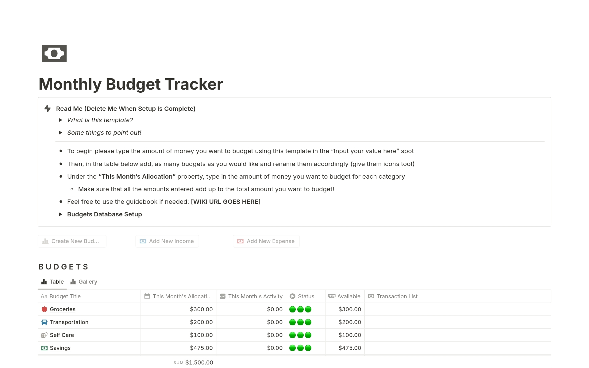 Notion Monthly Budget Template