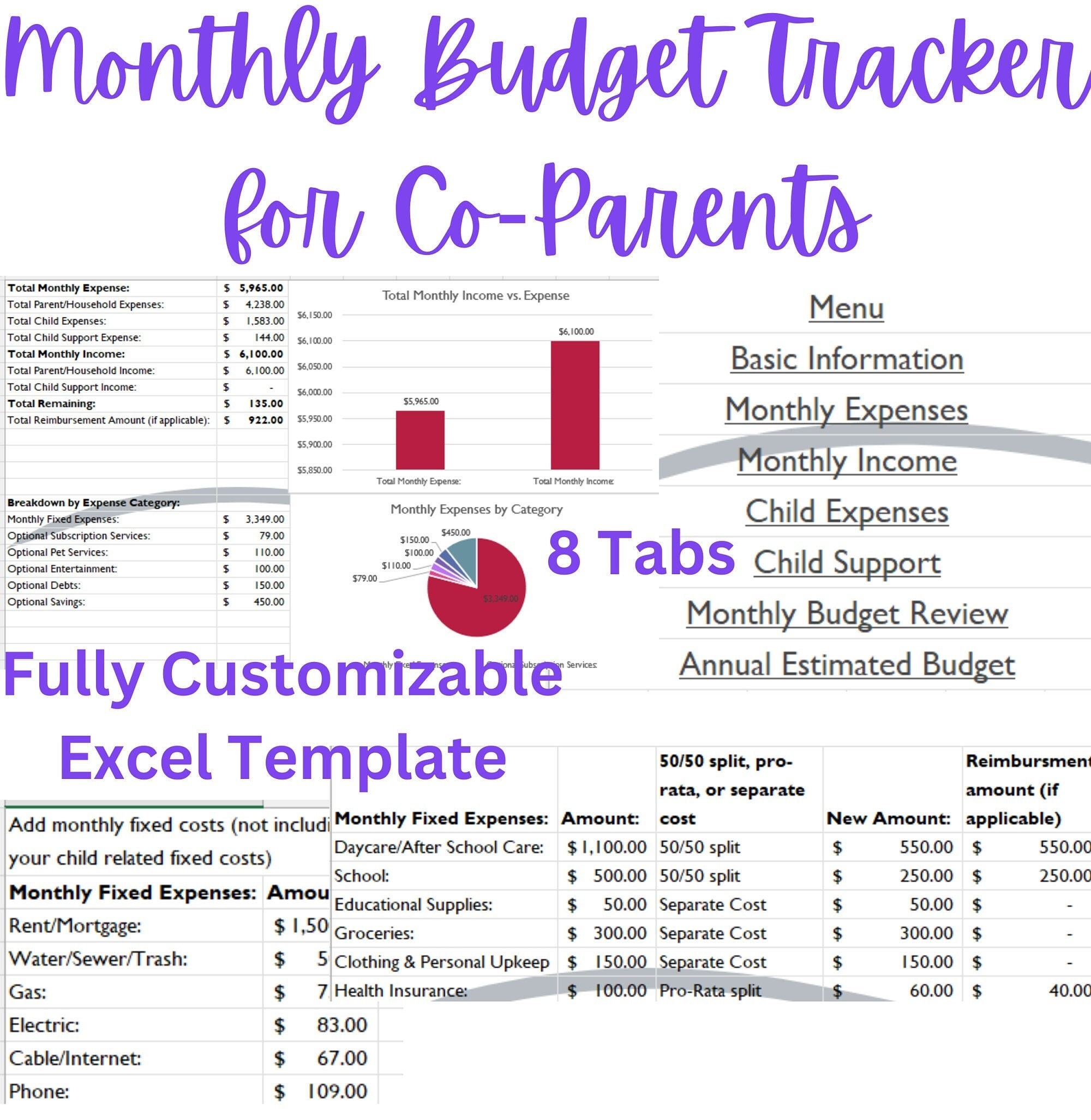 Monthly Co parenting Budget Tracker Excel Spreadsheet Fully Editable Etsy