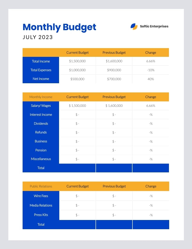 Departmental Budget Template Free