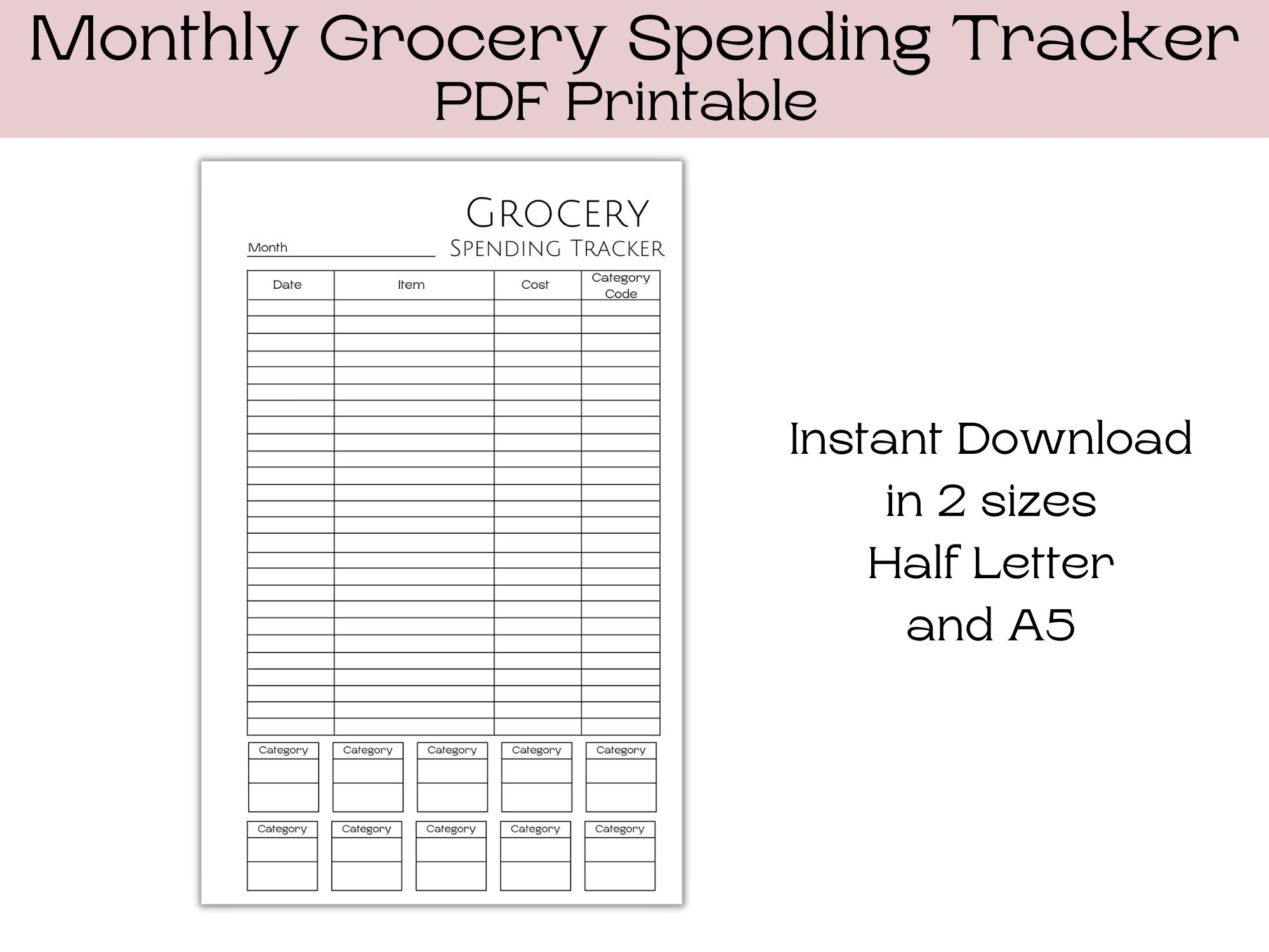 Monthly Grocery Spending Tracker Budget Template Instant 