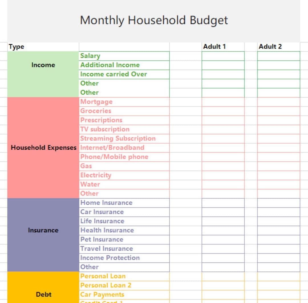 Household Budget List Template