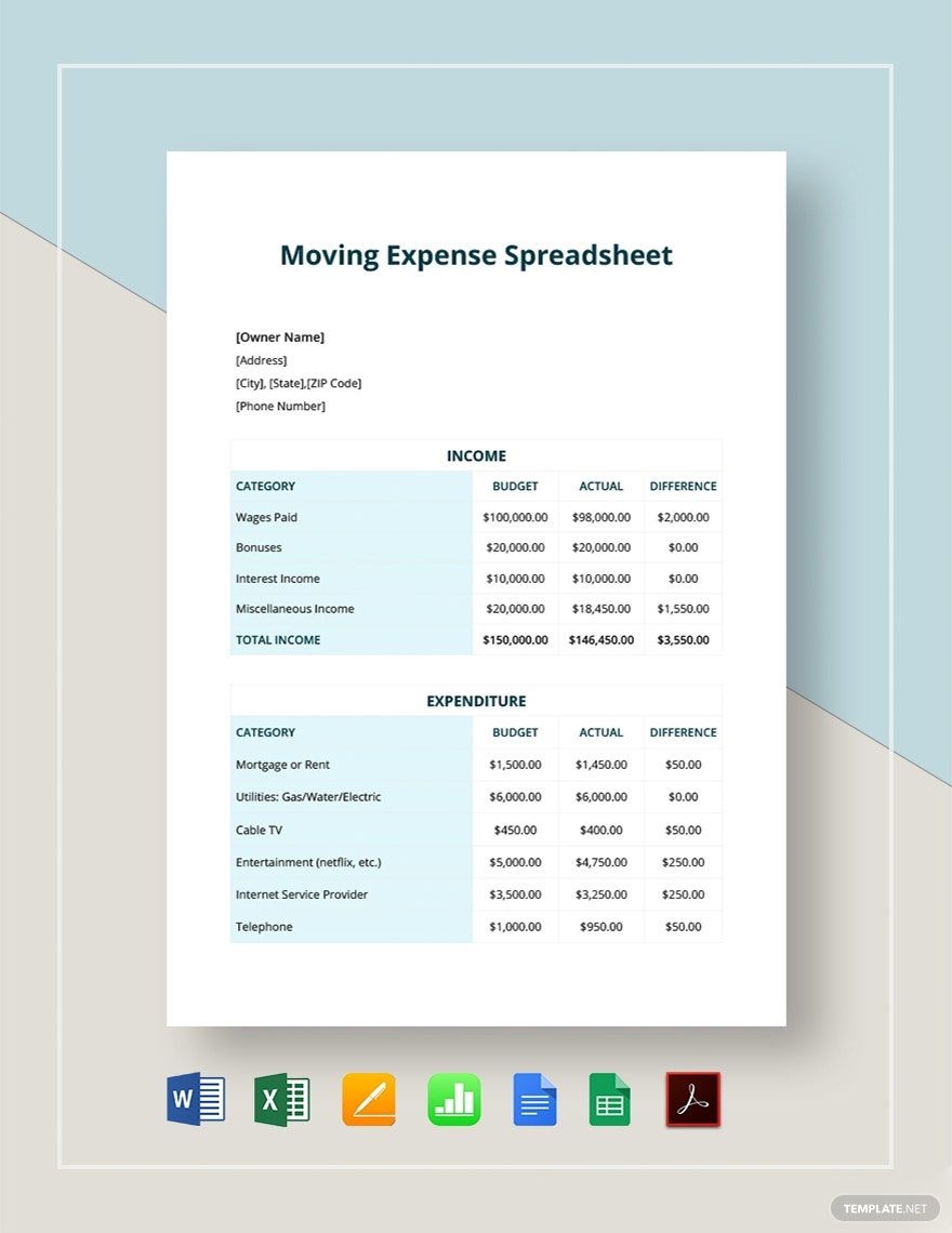 Moving Expenses Spreadsheet Template In Google Sheets Apple Numbers Word Pages Excel Google Docs PDF Download Template
