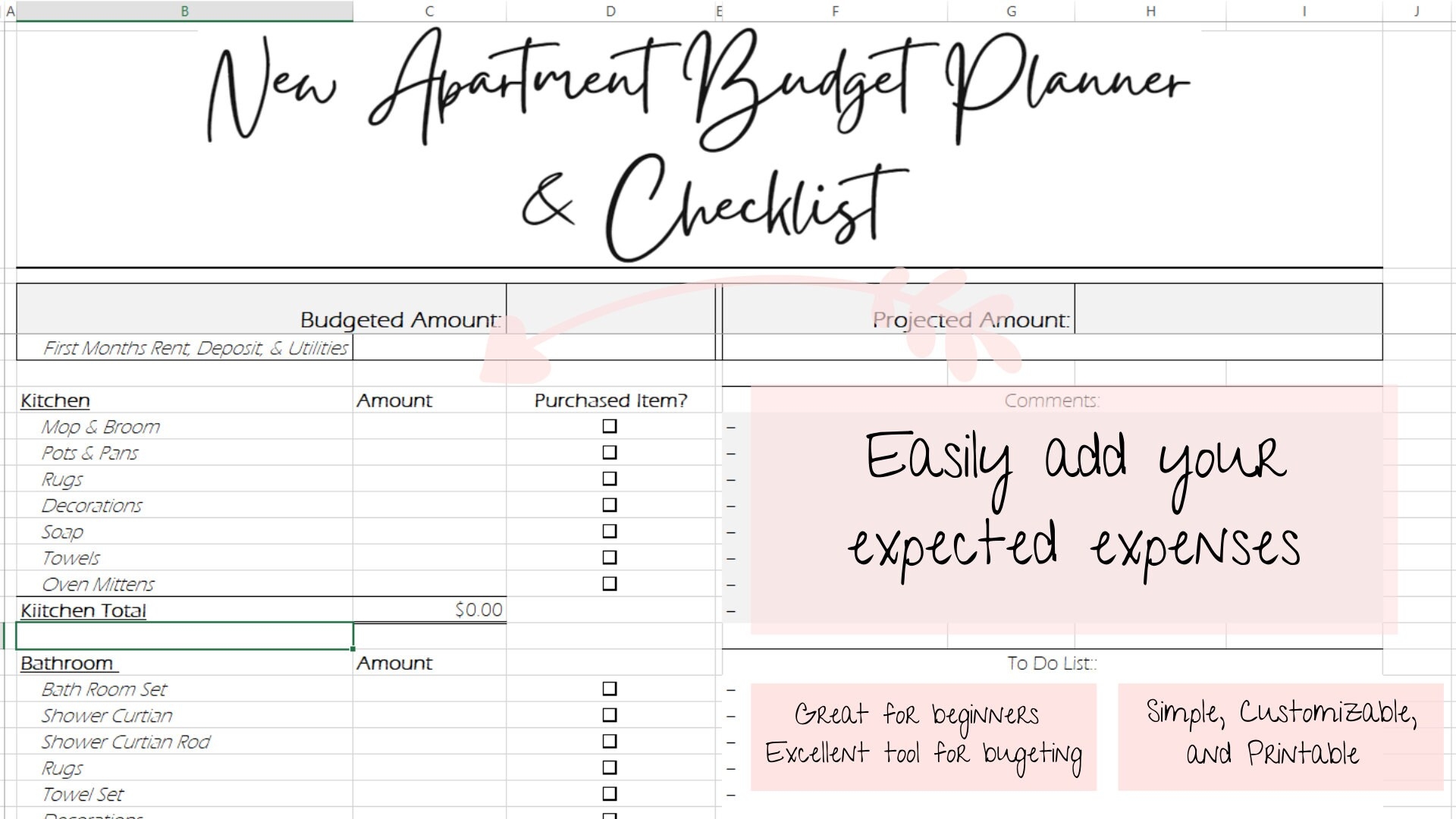 New Apartment Budget U0026 Checklist Excel Document Etsy