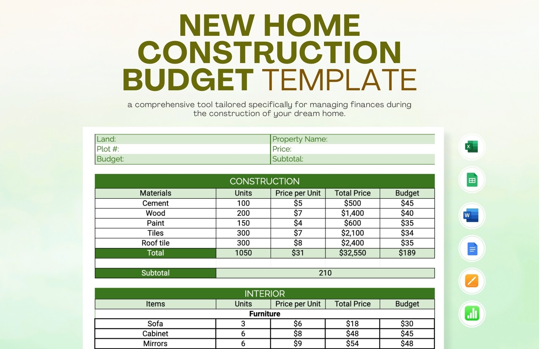 New Home Construction Budget Template In Google Docs Google Sheets Apple Numbers Apple Pages Word Excel Download Template