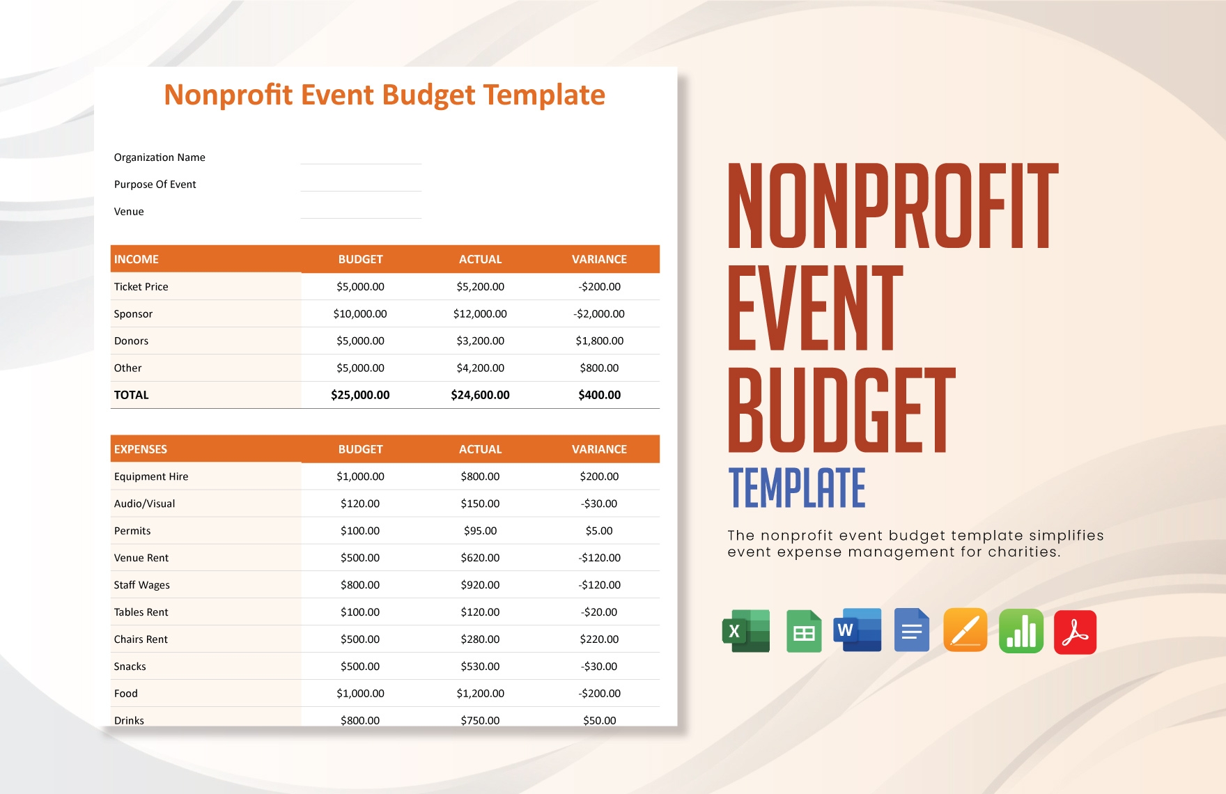 Nonprofit Event Budget Template In Word Excel Apple Pages Apple Numbers PDF Google Docs Google Sheets Download Template