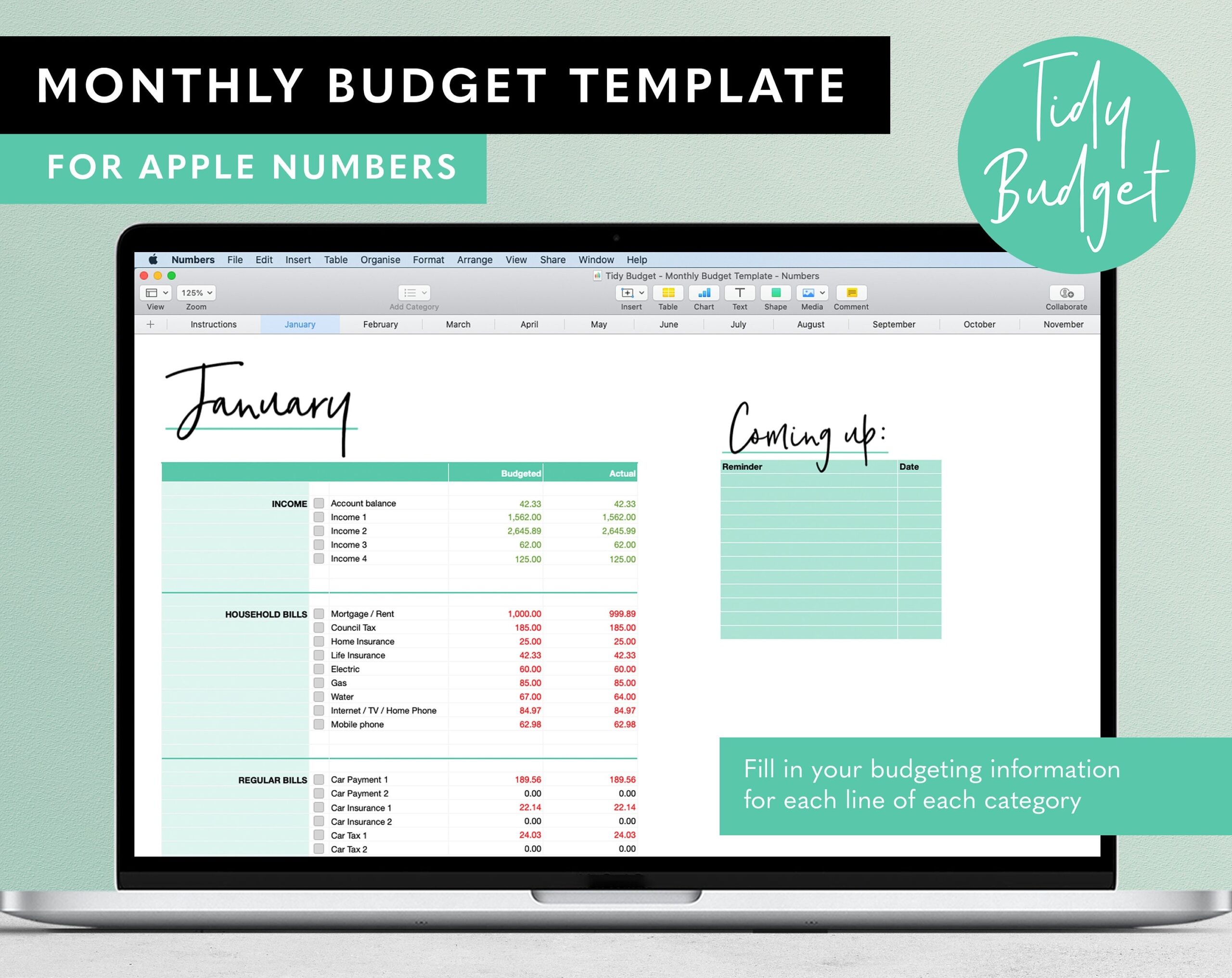 Numbers Monthly Budget Template Zero Based Budgeting Spreadsheet From Tidy Budget For Apple Numbers Etsy