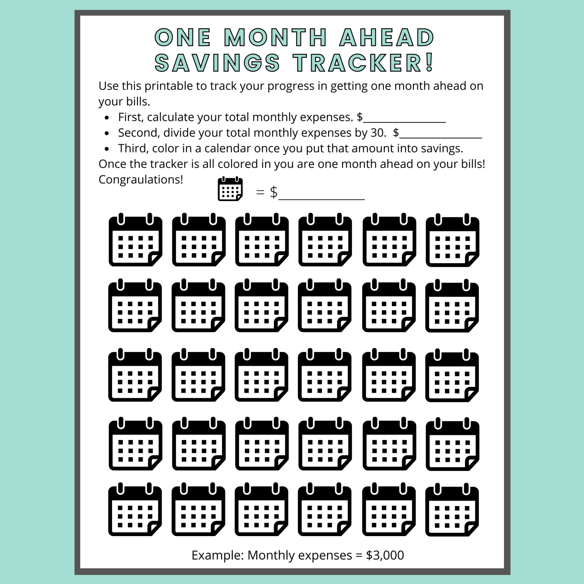 One Month Ahead Savings Printable