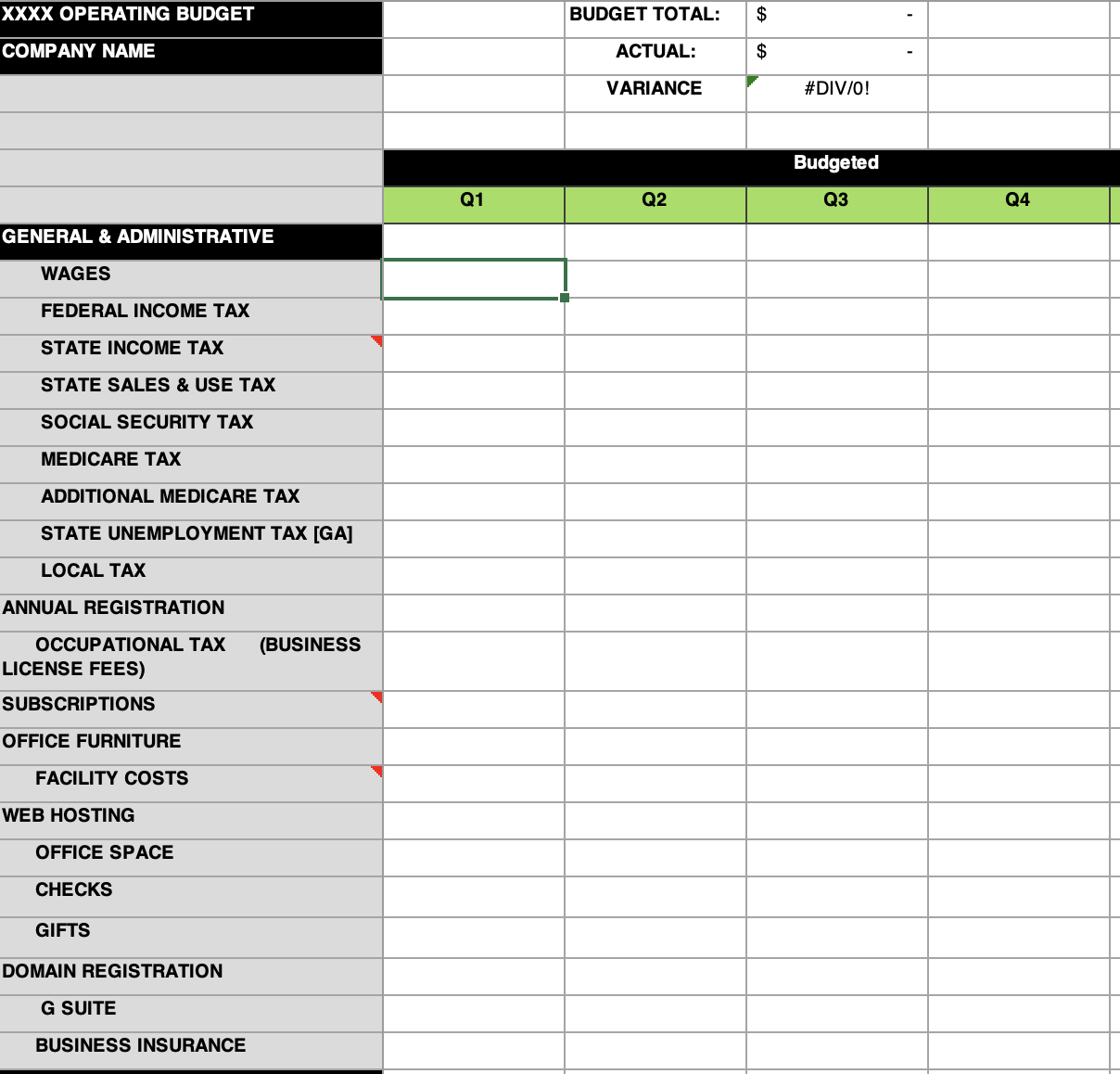 Operational Budget Template Home