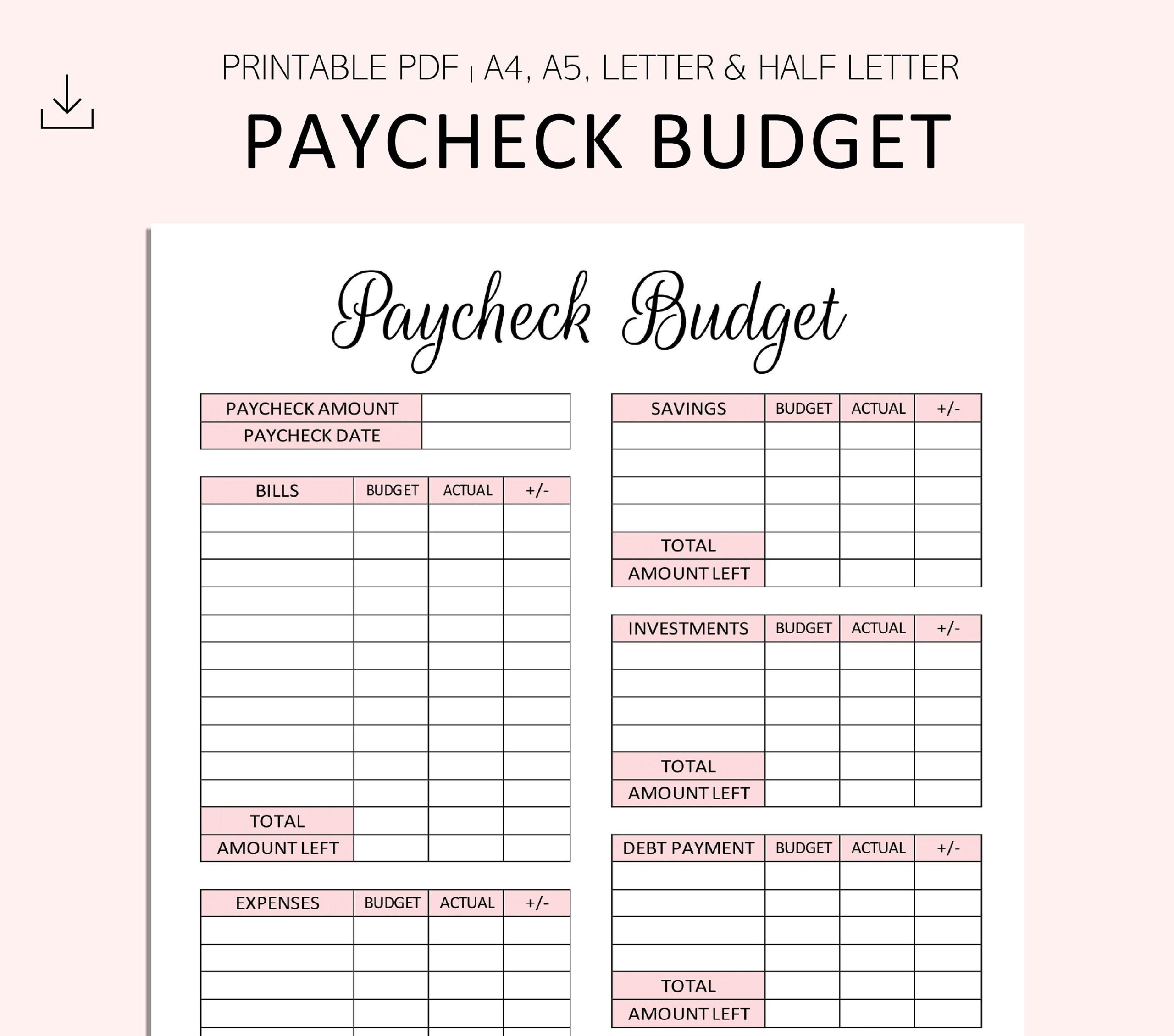Paycheck Budget Printable PDF A4 A5 Letter Half Letter Etsy