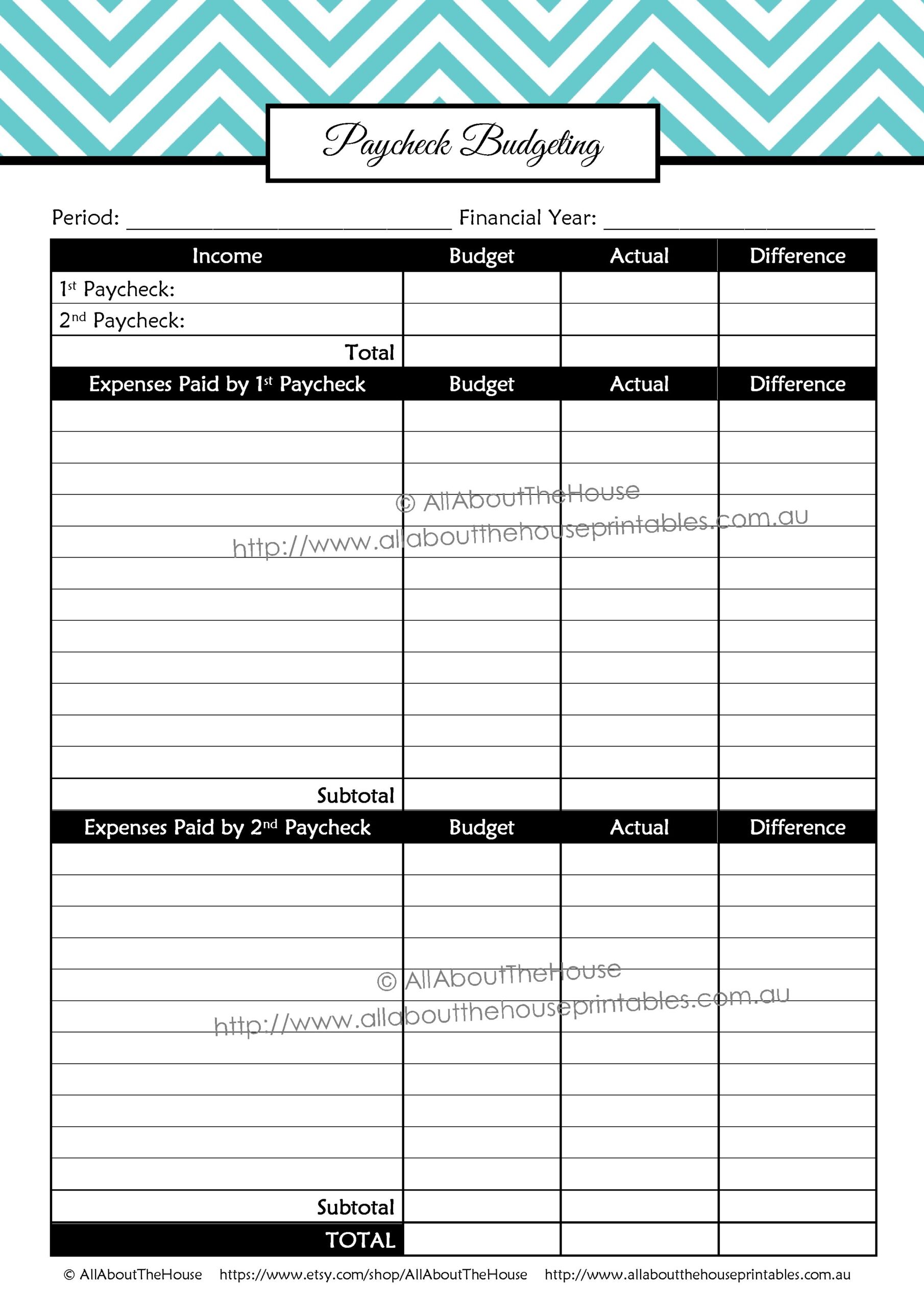 Paycheck Budgeting Printable Template Worksheet Editable Letter 