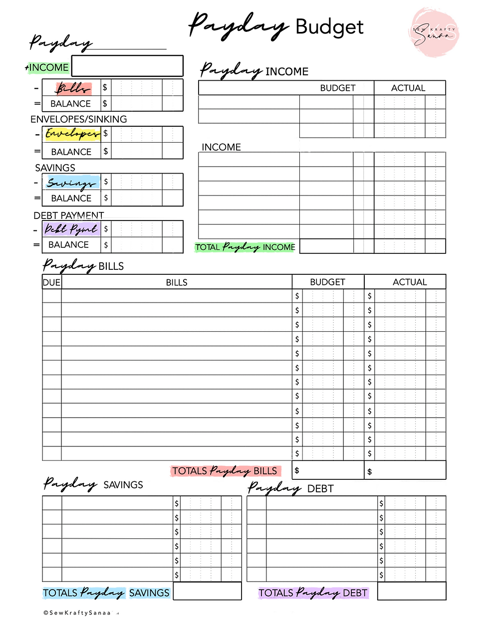 PAYDAY BUDGET Trackers Sew Krafty Sanaa