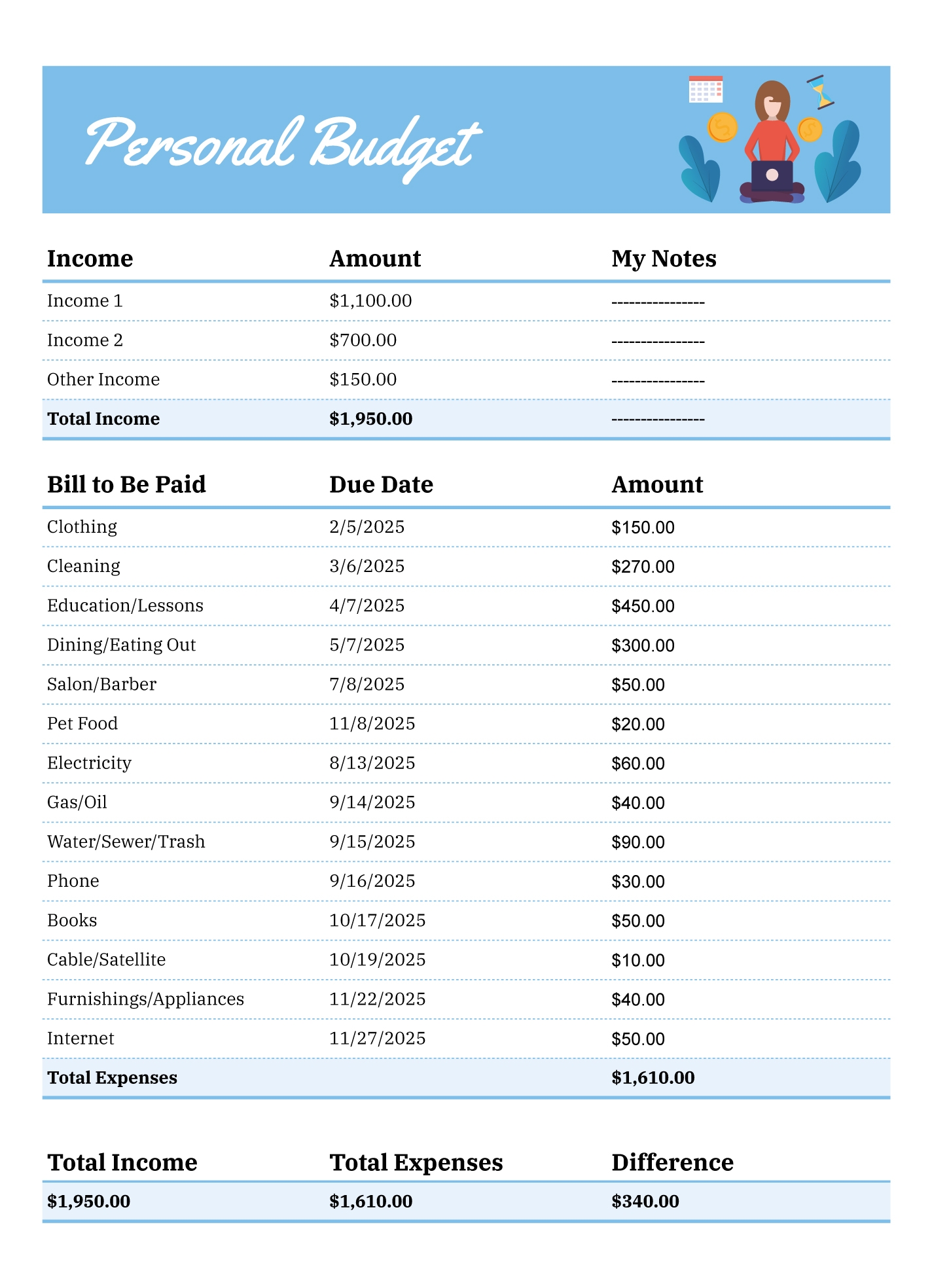 Personal Budget Free Google Sheets U0026 Excel Template Gdoc io