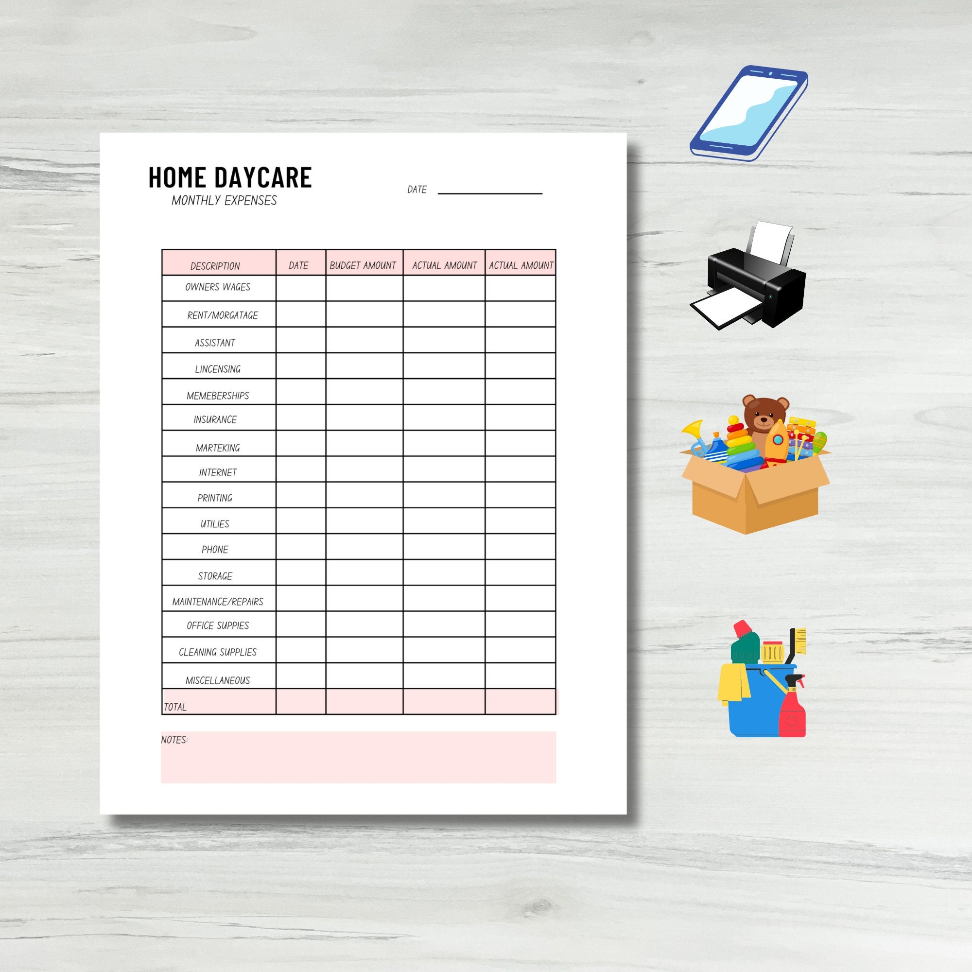 Pink Monthly Expense Form For Home Daycare Etsy