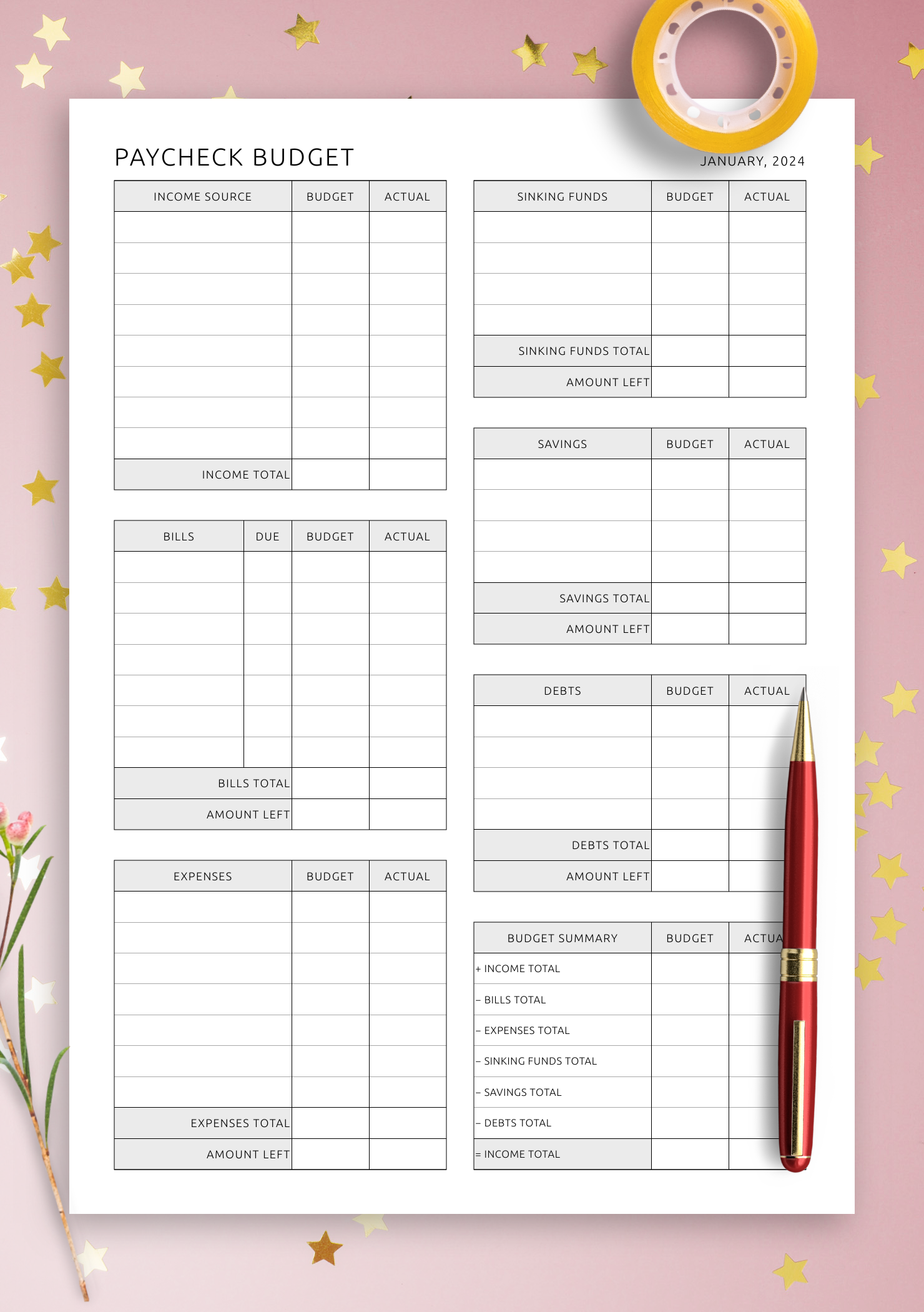 Paycheck Budget Planner Template