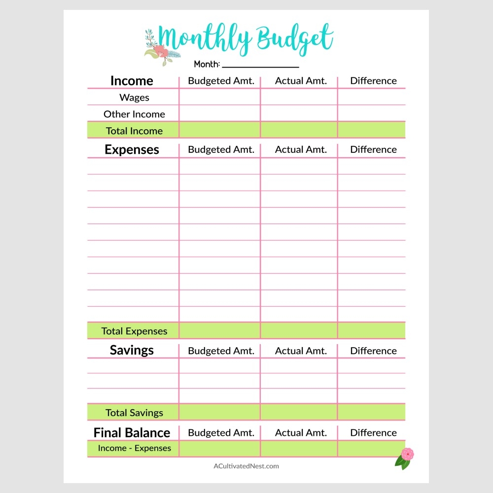 Printable Monthly Budget Template