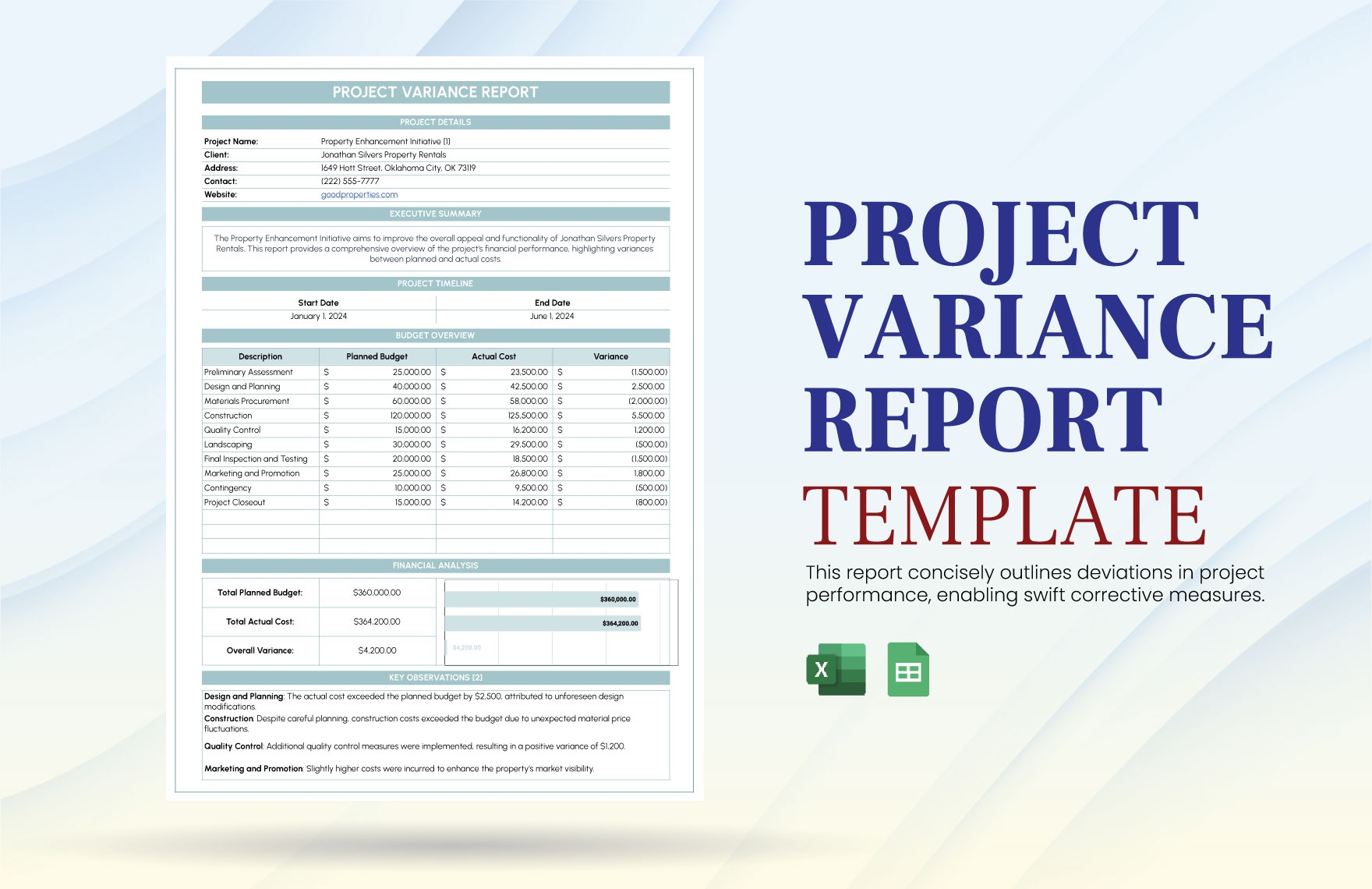 Project Variance Report Template In Google Sheets Excel 