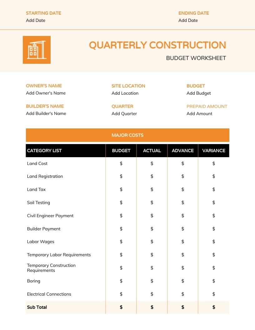 Quarterly Construction Budget Worksheet Template Visme Quarterly Construction Budget Worksheet Template Visme