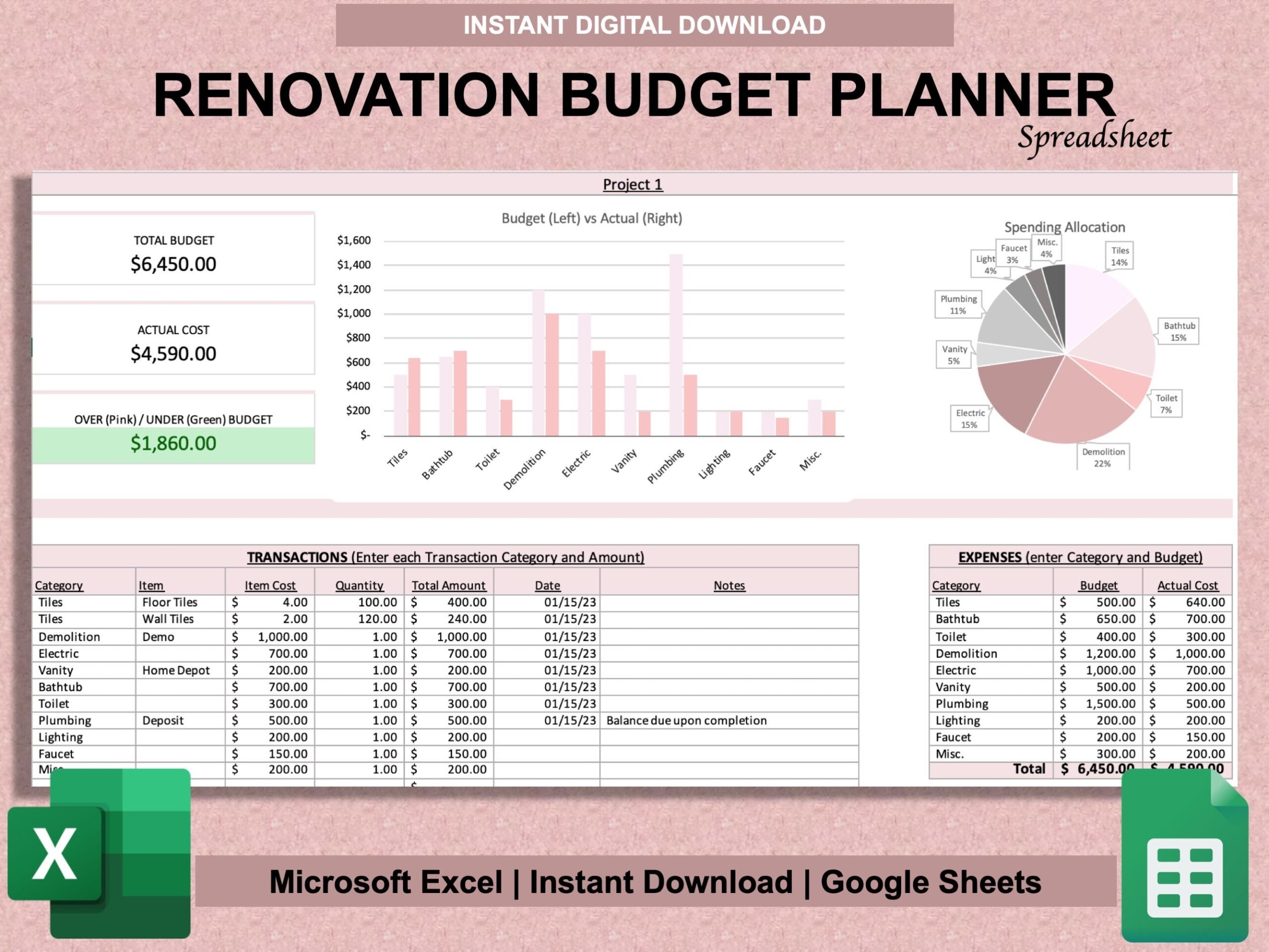 Renovation Budget Planner For Excel U0026 Google Sheets DIY Planner 