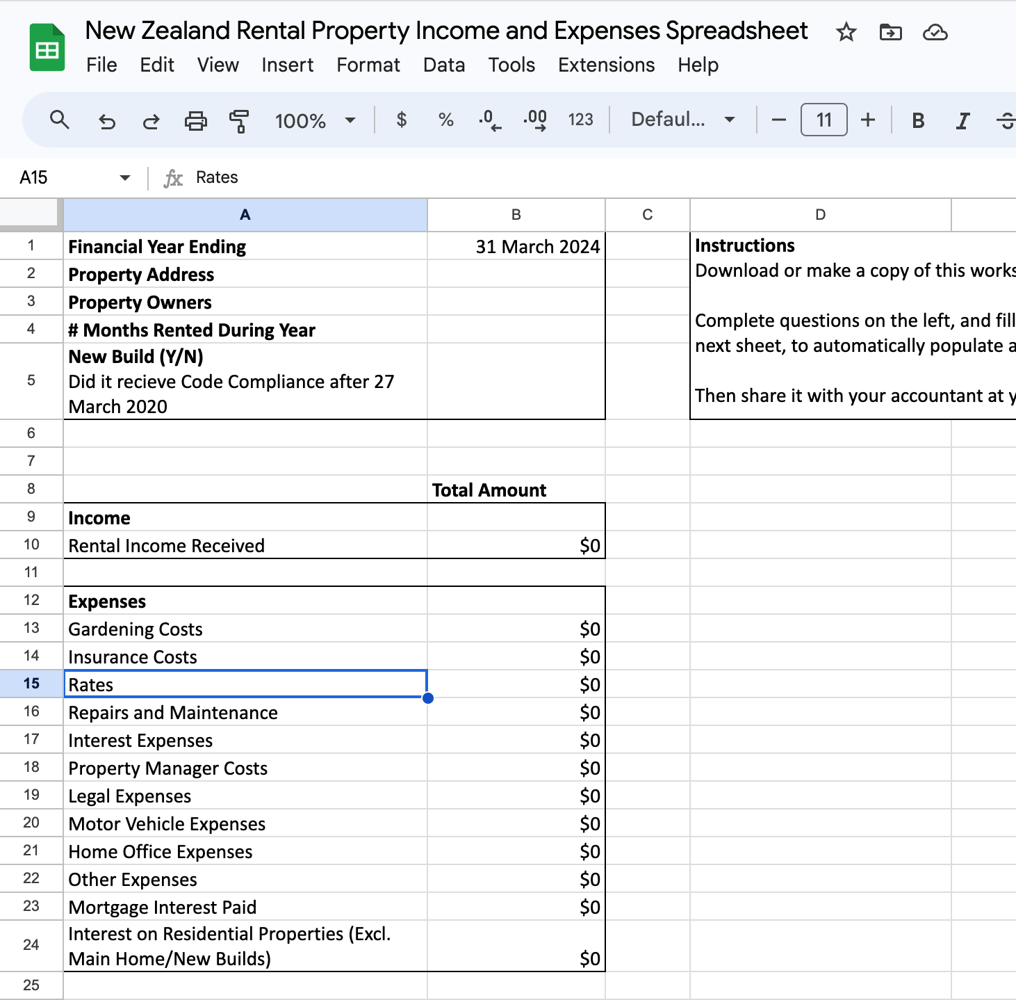 Investment Property Budget Template
