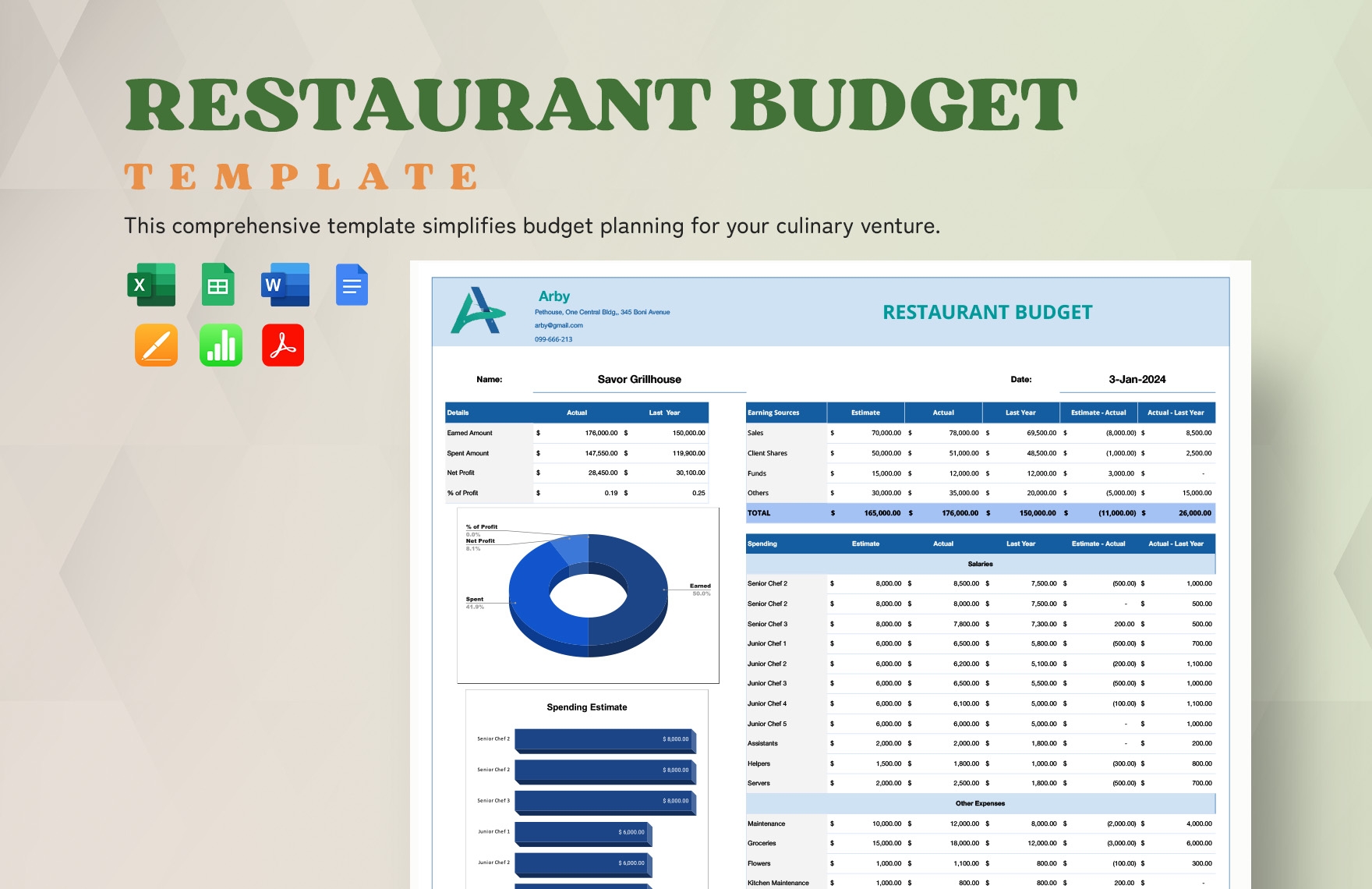 Restaurant Budget Template In Word Google Docs Apple Pages PDF Excel Google Sheets Apple Numbers Download Template