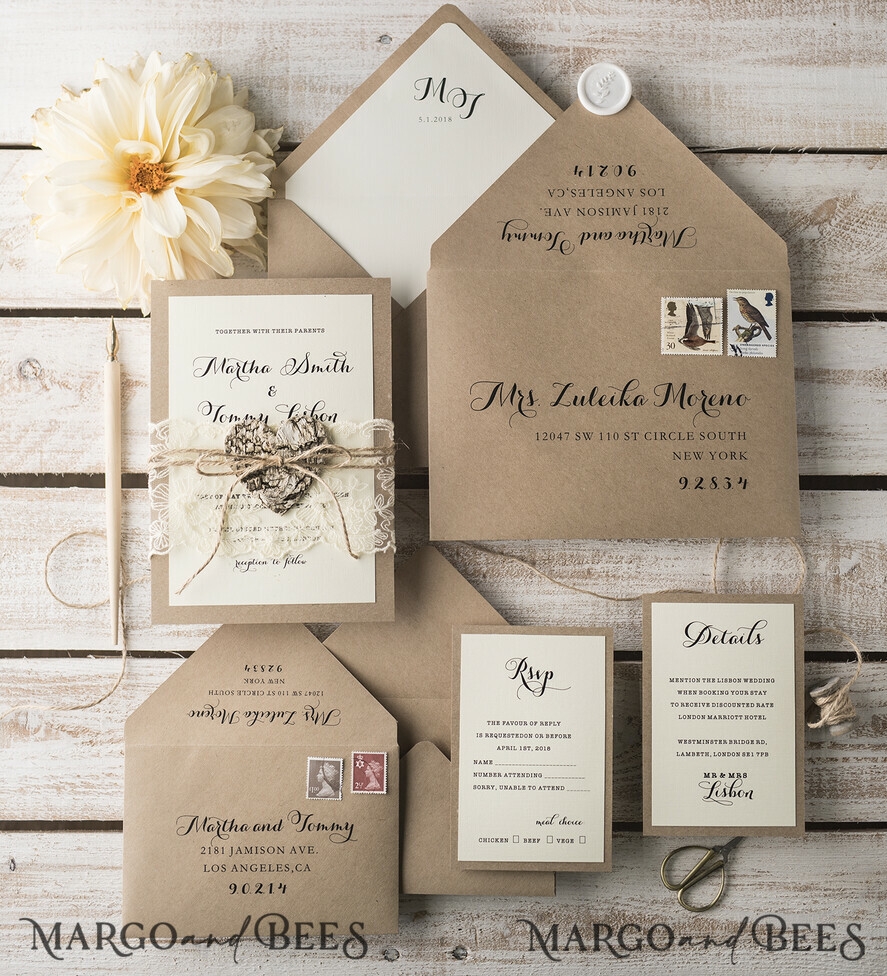 Rustic Wedding Invitations With Vintage Lace And Woden Heart Craft Envelope Simple Elegant Stationery Rustic Wedding Invitations With Vintage Lace And Woden Heart Craft Envelope Simple Elegant Stationery