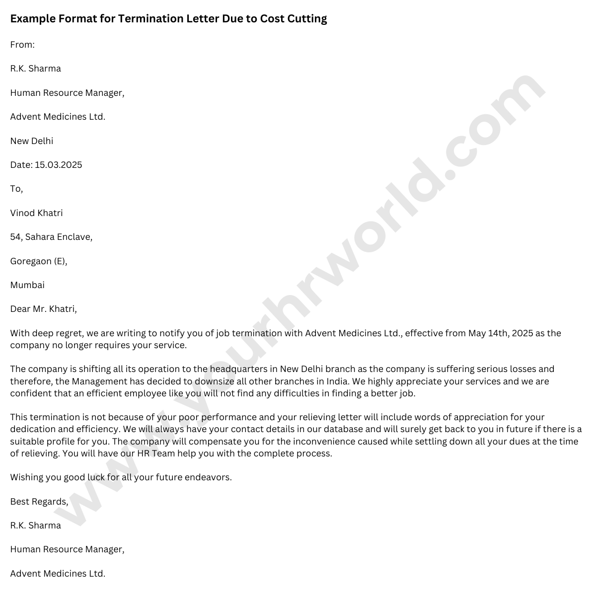 Sample Termination Letter To Employee Due To Cost Cutting HR Letter Formats