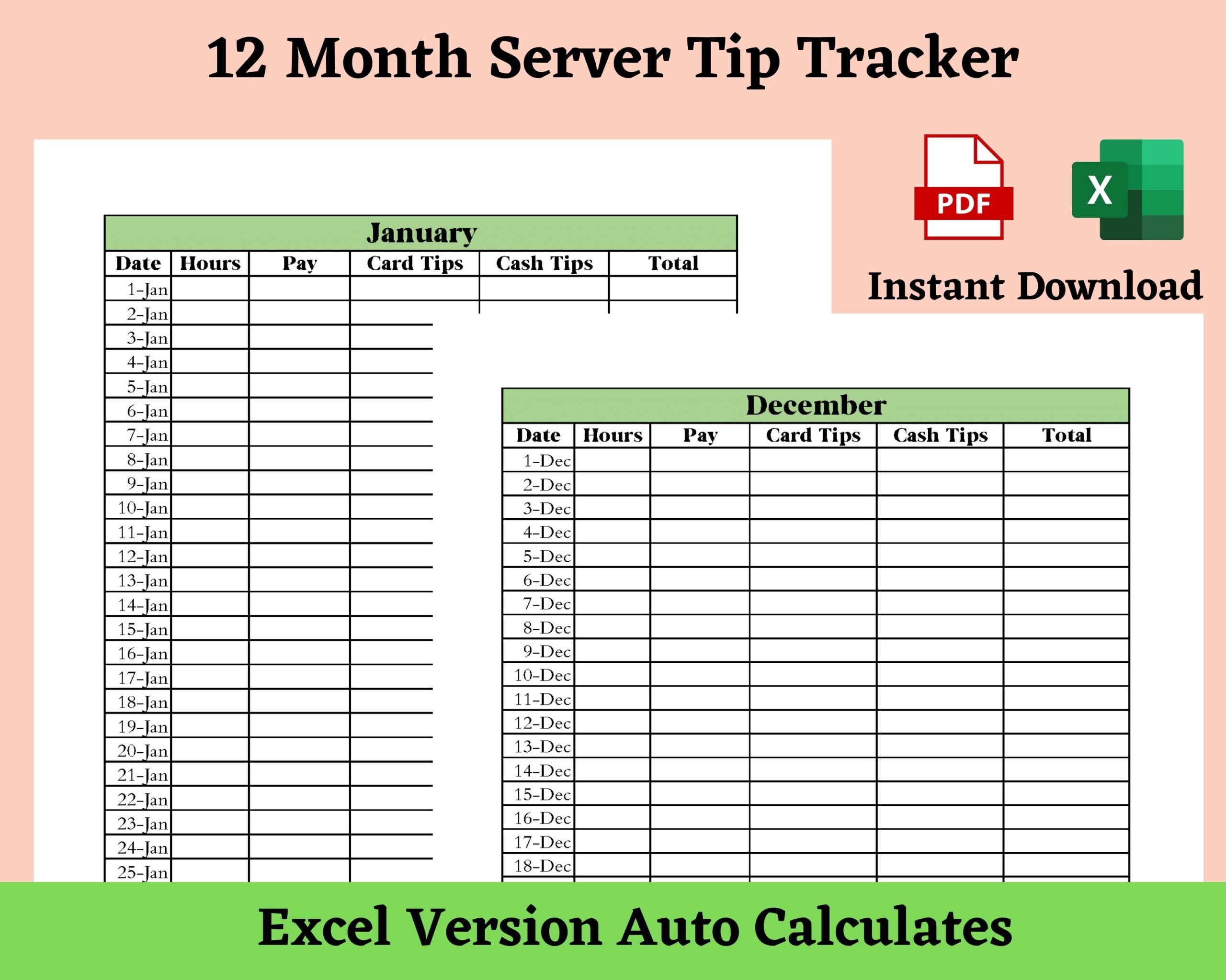Server Tip Tracker Tip Tracker Template Printable Tip Tracker Server Pay Tracker Service Industry Tip Tracker Auto calculate Etsy Canada