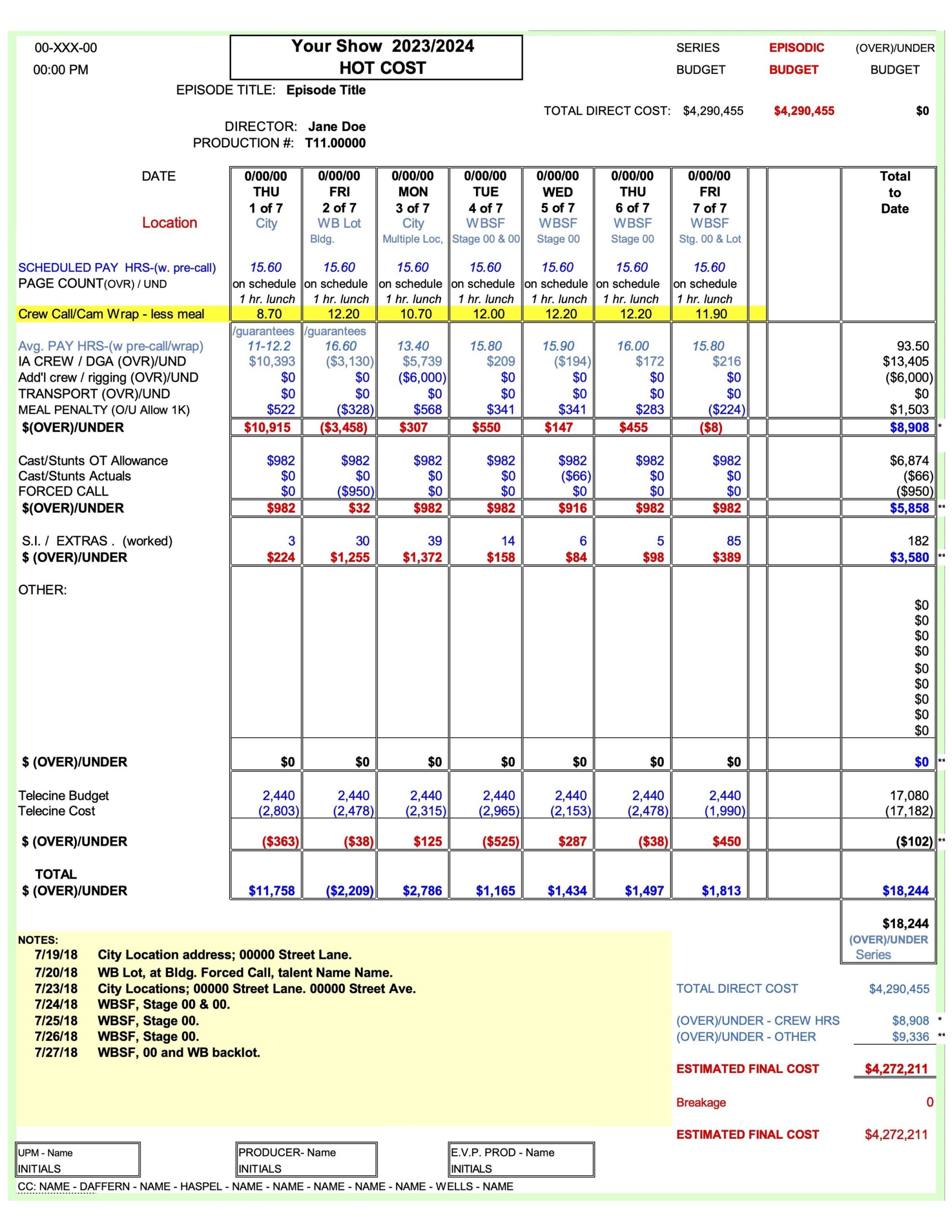 Reality Tv Show Budget Template