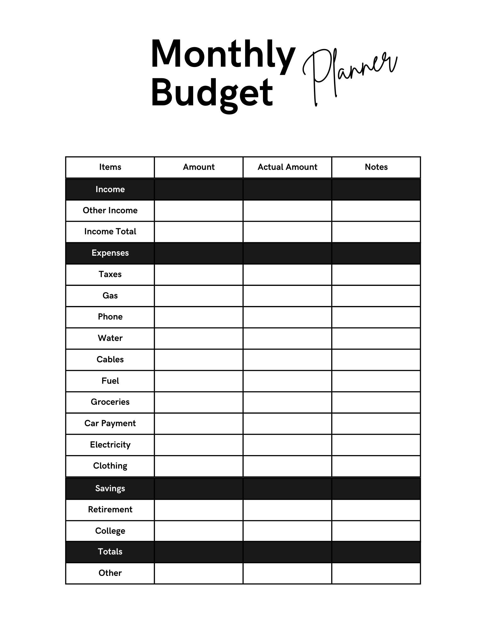 Monthly Budget Template Printable