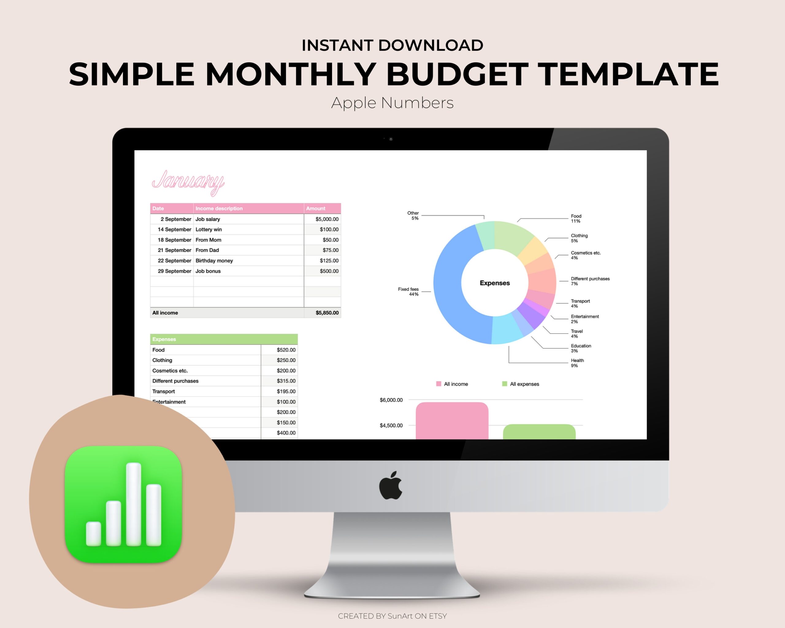 Simple Monthly Budget Spreadsheet Budget Tracker Template For Apple Numbers Pastel Colors Etsy
