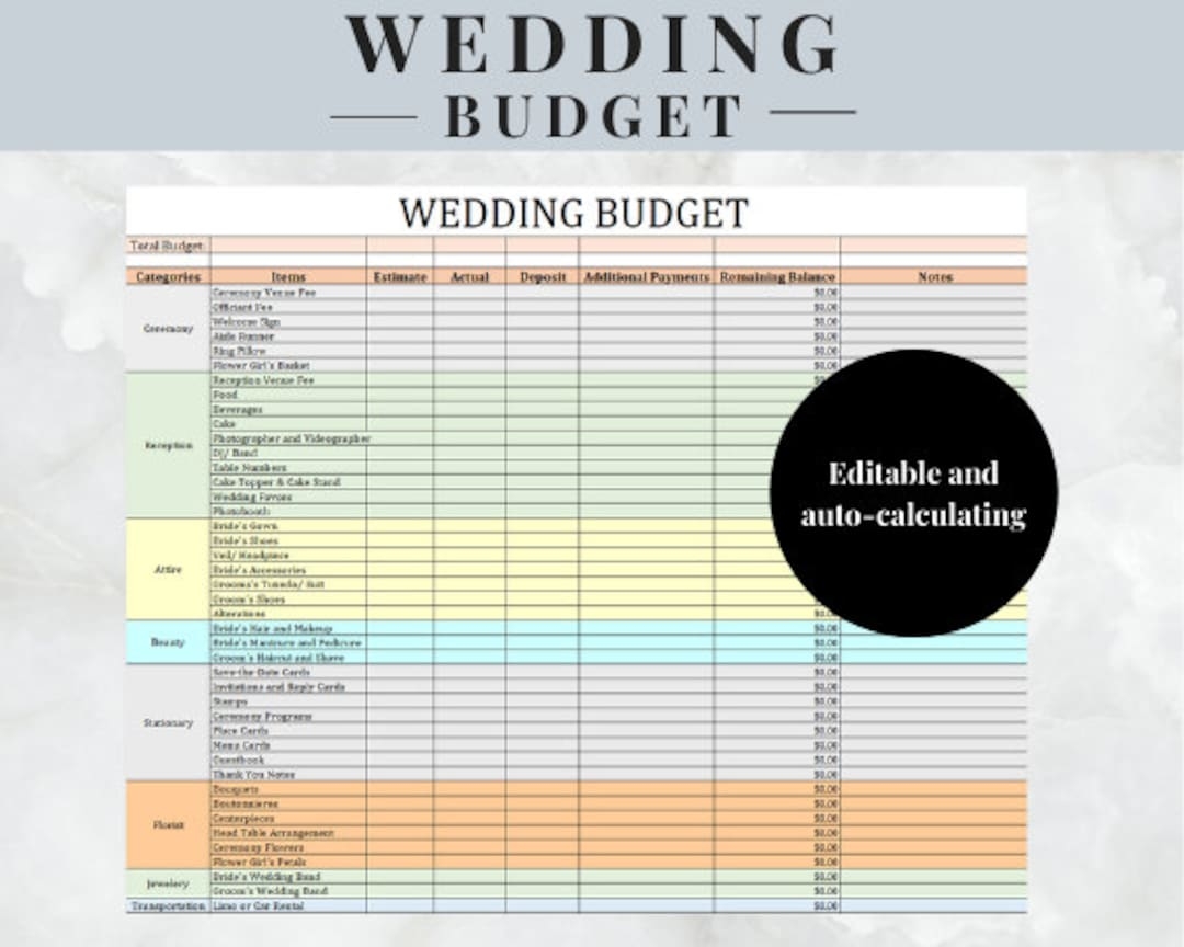 Simple Wedding Budget Template Editable And Auto calculating Wedding Budget Instant Download Track Expenses For Wedding Etsy
