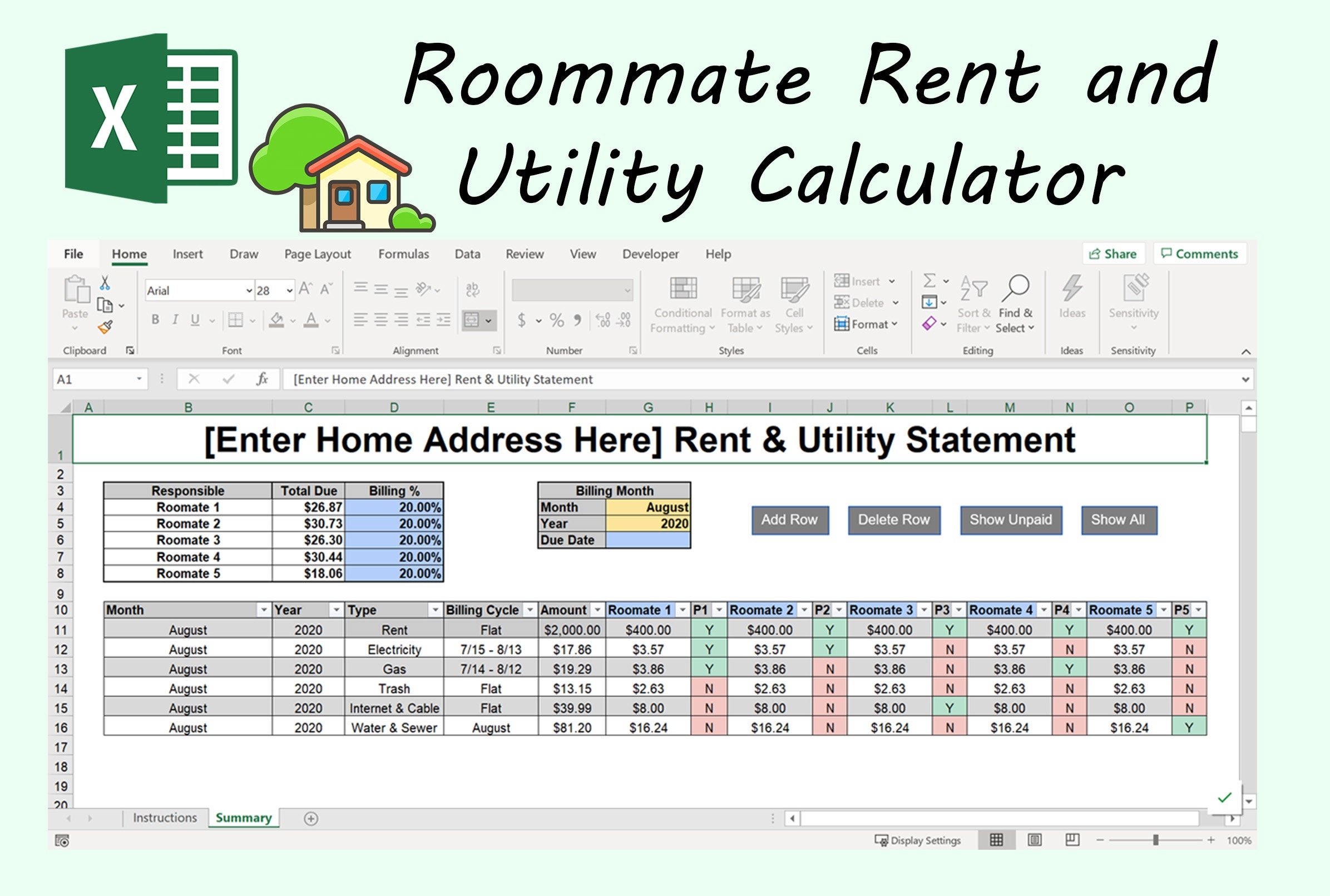 Split Rent U0026 Utility Roommate Expenses Calculator Template Excel Spreadsheet 5 Roommate Template