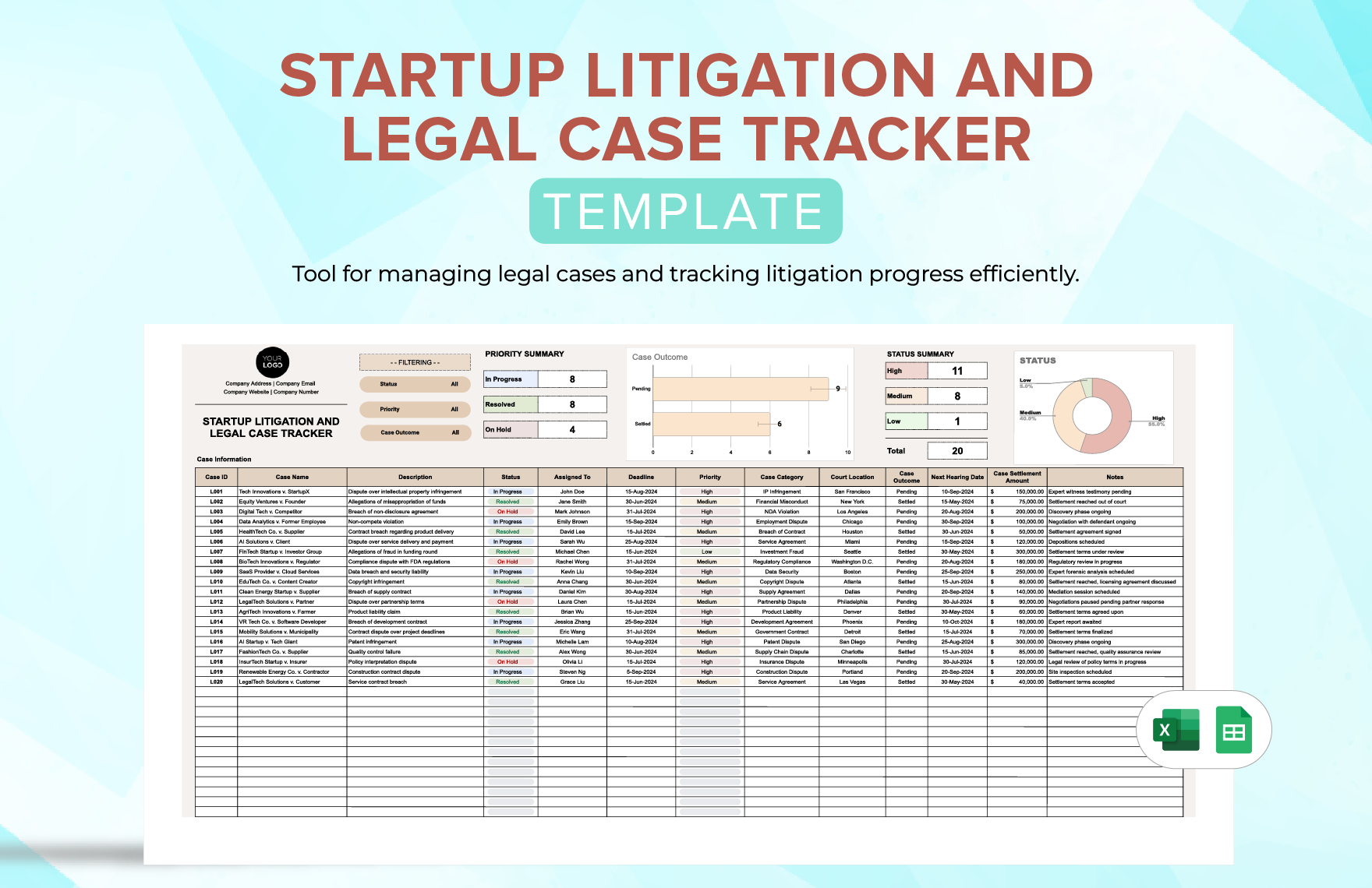 Startup Litigation And Legal Case Tracker Template In Excel 