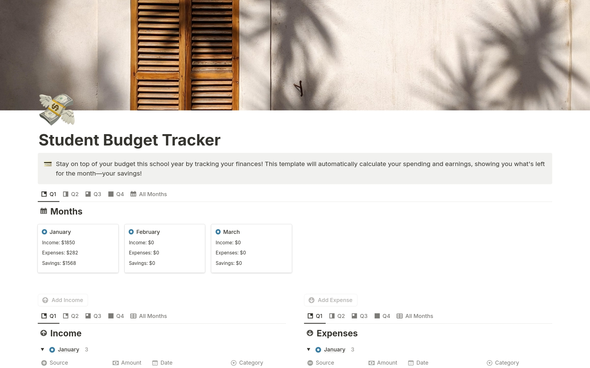 Notion Student Budget Template