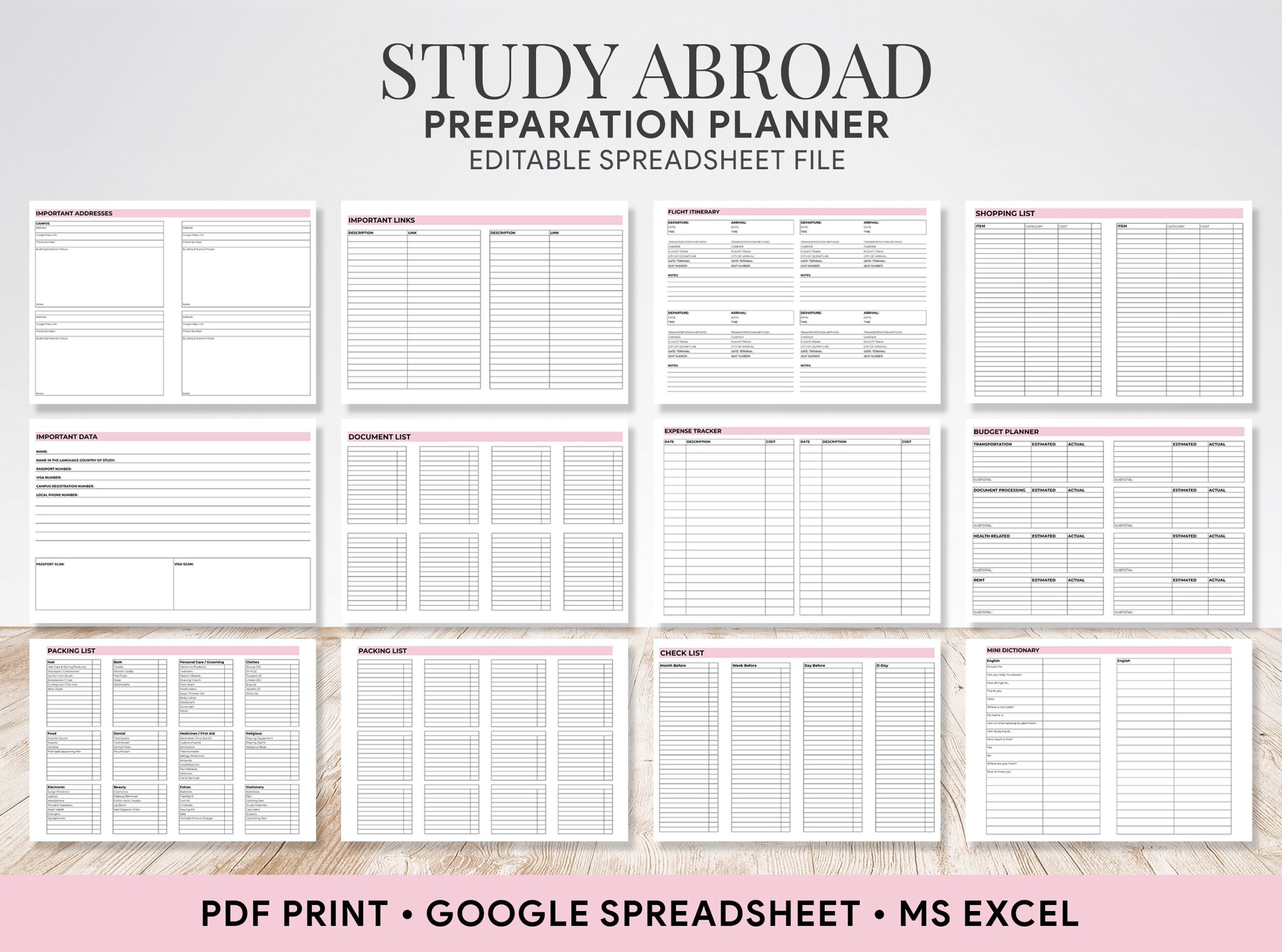 Study Abroad Planner Student Travel Planner Student Expense Tracker Travel Budget Journal Spreadsheet Excel College Packing List Etsy