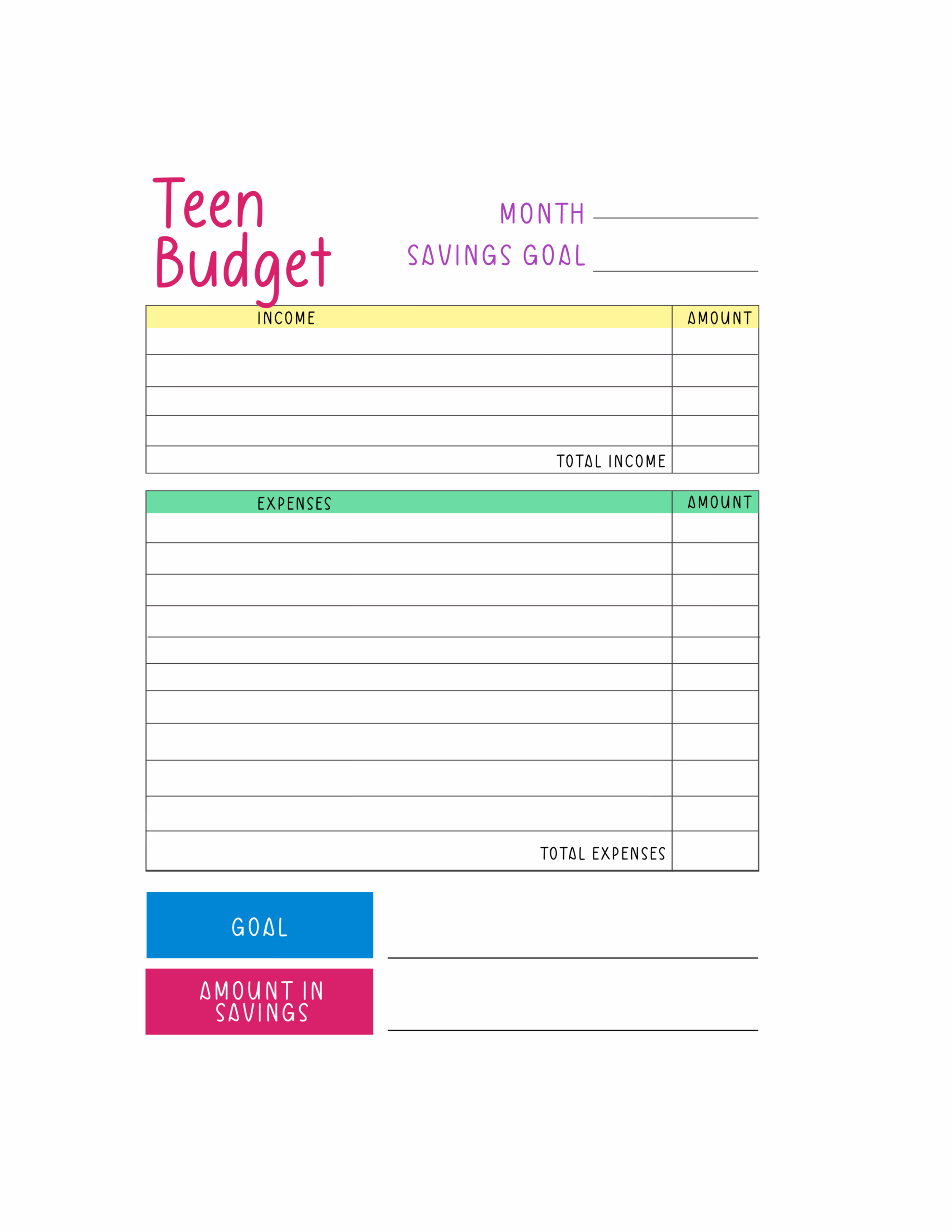 Teen Budget Worksheet