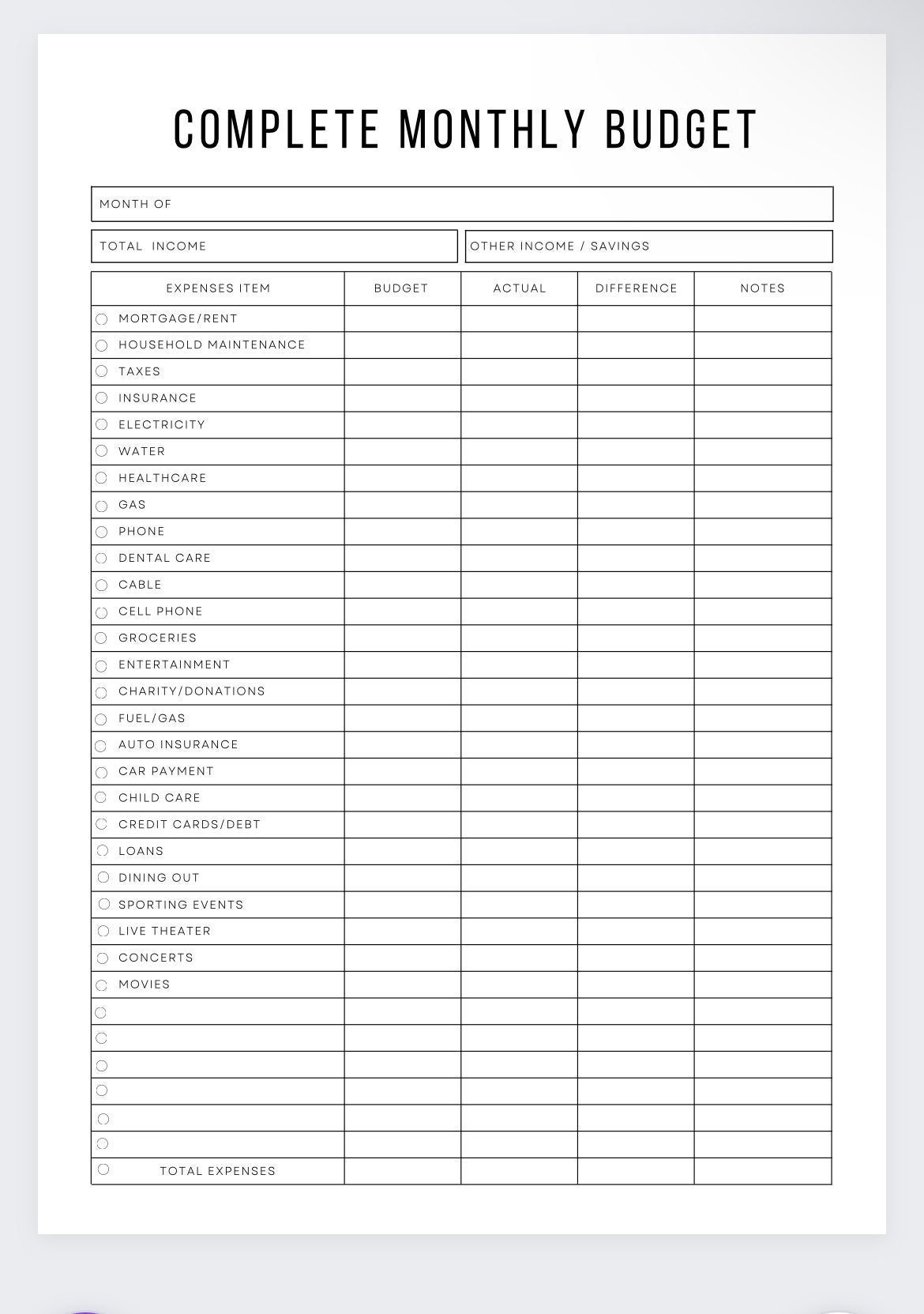 Full Budget Template